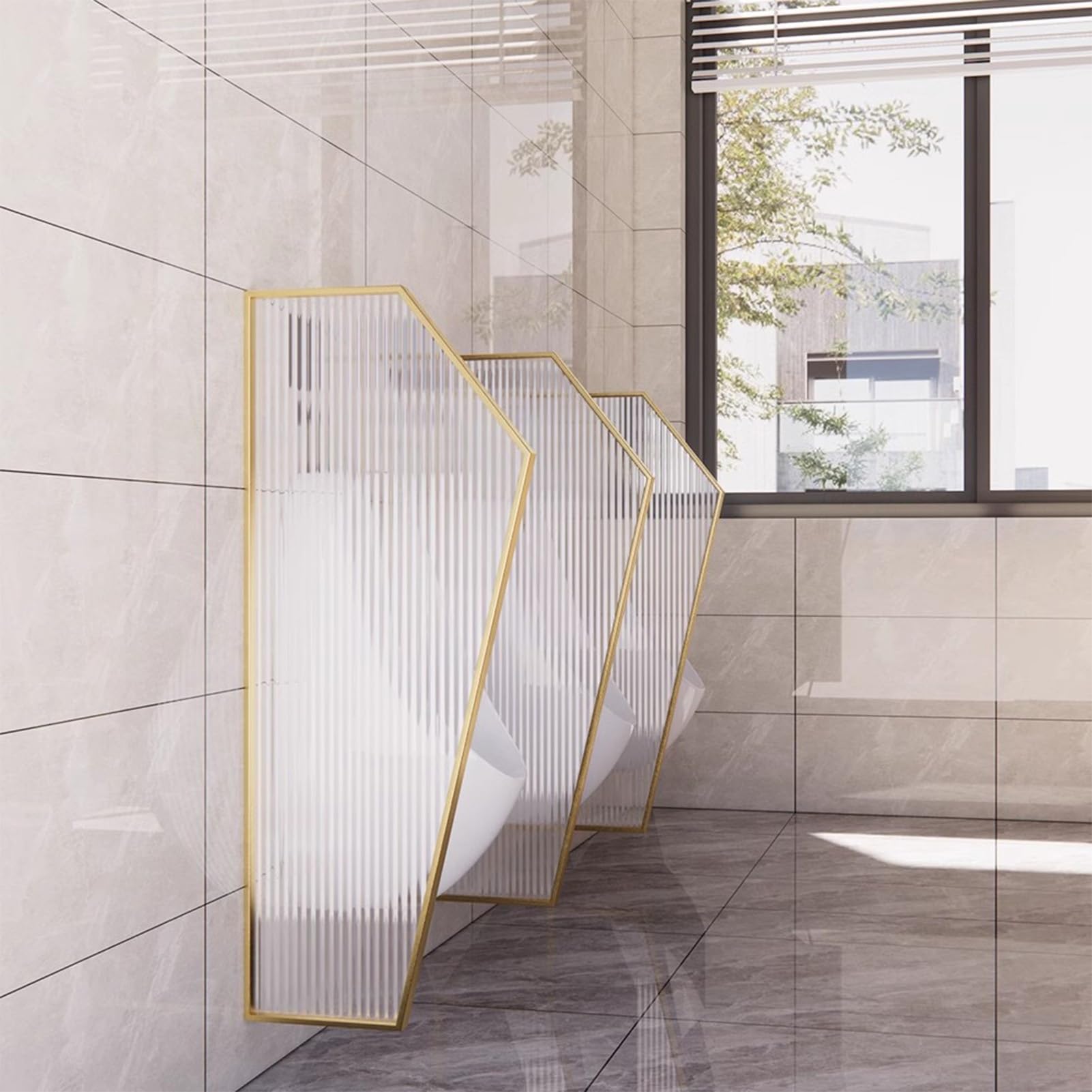 Cloison d'urinoir extensible en verre et métal doré pour espace public (x2)