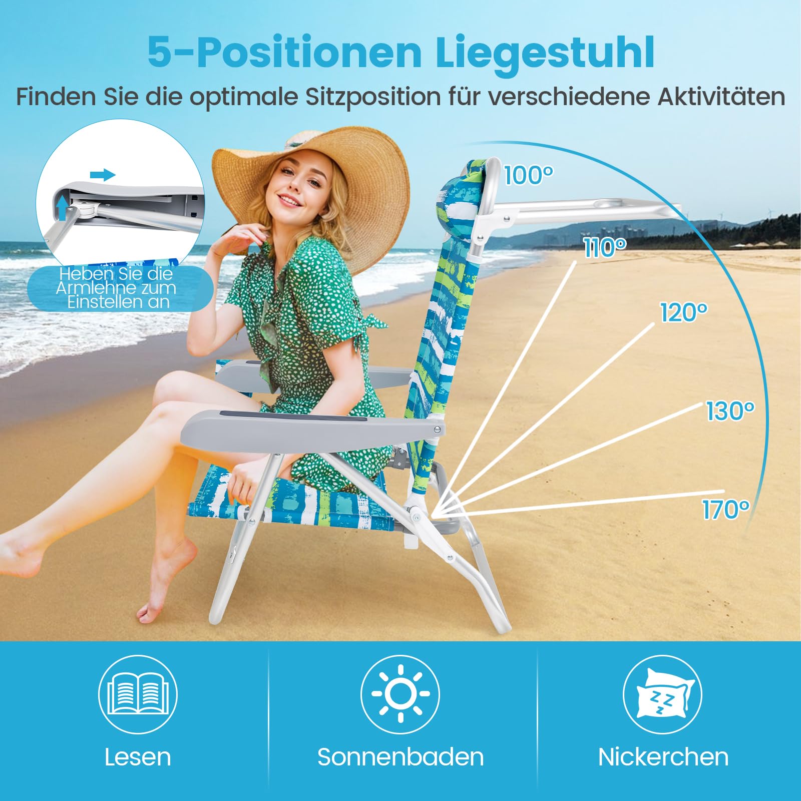 COSTWAY Strandstühle klappbar leicht, 2er Set, Campingstühle mit Verstellbarer Rückenlehne, Kopfstütze, Getränkehalter & Handtuchhalter, Klappstühle, Outdoor-Stühle bis 150 kg belastbar (Grün)