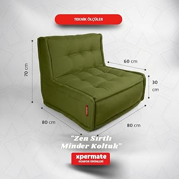 Xpermate Sırtlı Pofidik Minder Koltuk Yer Koltuğu Sırt Destekli Oturma Minderi 80x60 Yıkanabilir Fermuarlı Yeşil