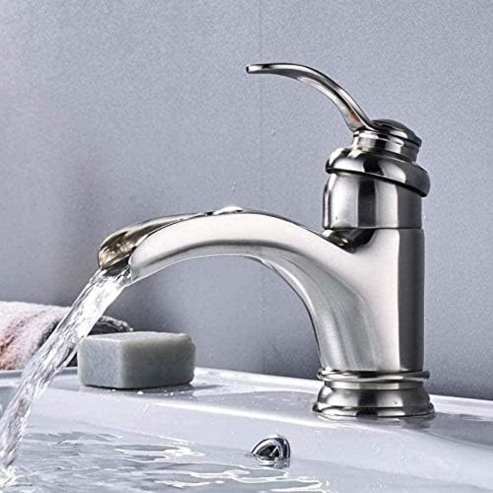 COSZWQDP Faucet ed Nickel Basin Sink Single Handle Waterfall Spout Bathroom Mixer Tap Deck Mounted Hot Cold Water Washing