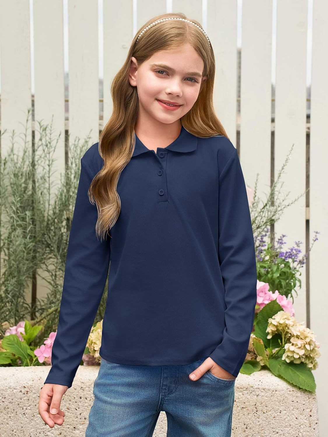 Haloumoning Girls School Uniform Long Sleeve Polo Shirt Kids Golf Pique Polo Shirts 5-14 Years - Image 4