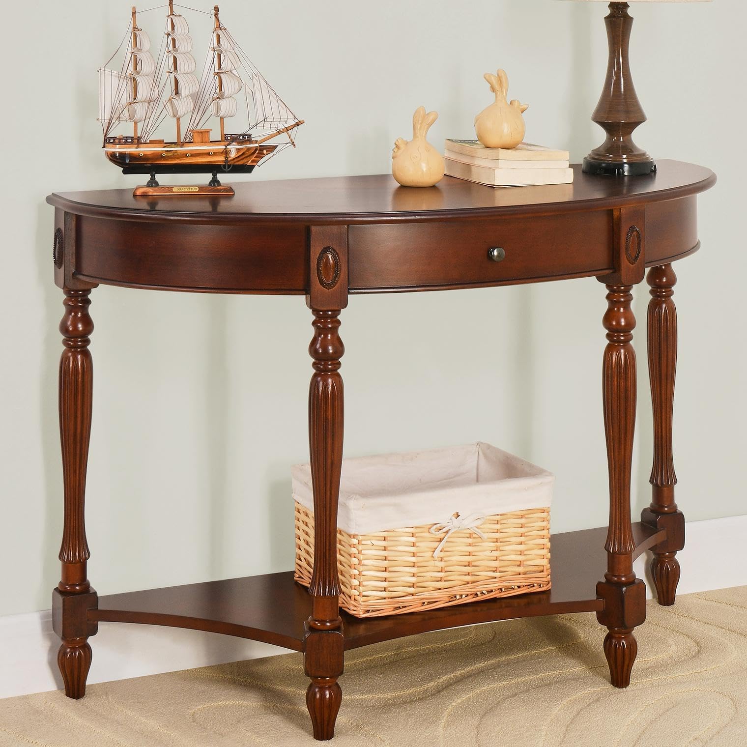 Demi Lune Console Table for Entryway Living Room, Cherry Solid Wood Entryway Table with Storage Drawer, Traditional Victorian Antique Sofa Table Hallway Table, Cherry Walnut SFZ-1533-WD-DR