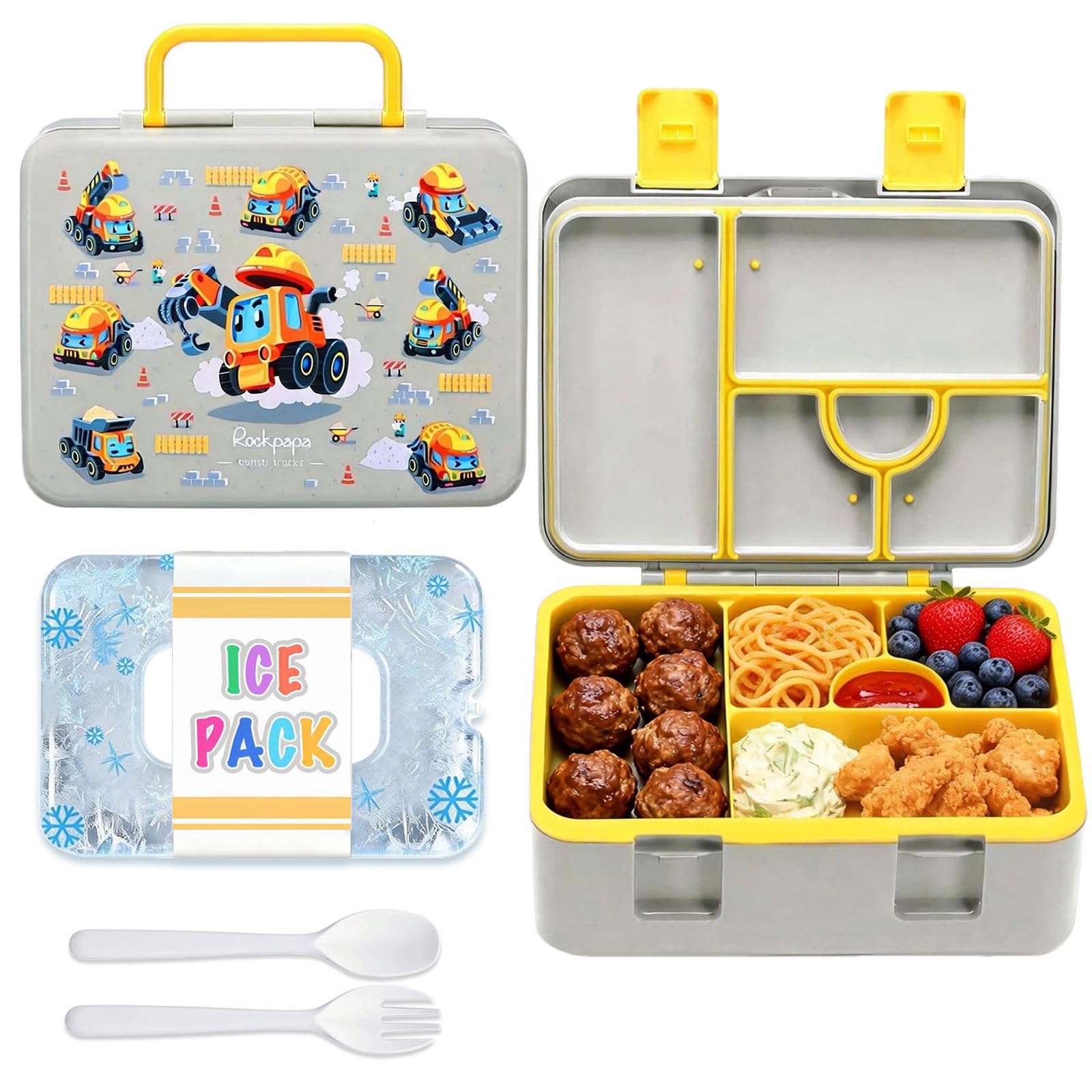 rockpapa 5 Compartment Bento Lunch Box with Ice Pack for Kids, Leak Proof, Dishwasher Safe, BPA Free Materials, 47oz Snack Bento Box with Utensils & Handle for Boys Girls Ages 3+ (Grey Constr Trucks)