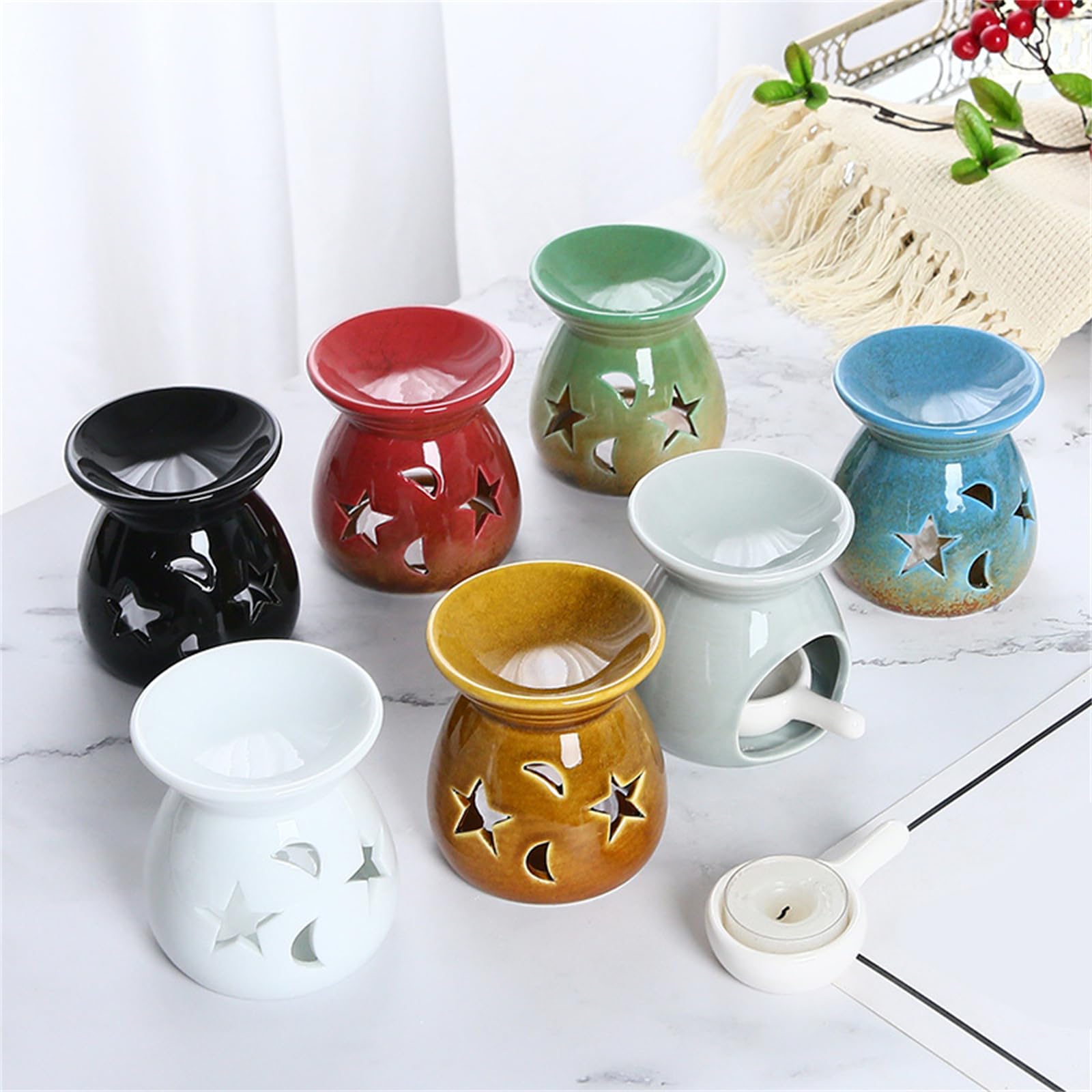 kominek do aromaterapii, Motywy gwiazd i księżyca do tworzenia spokojnej atmosfery w domach. Ręcznie robione ceramiczne pojemniki(Black)