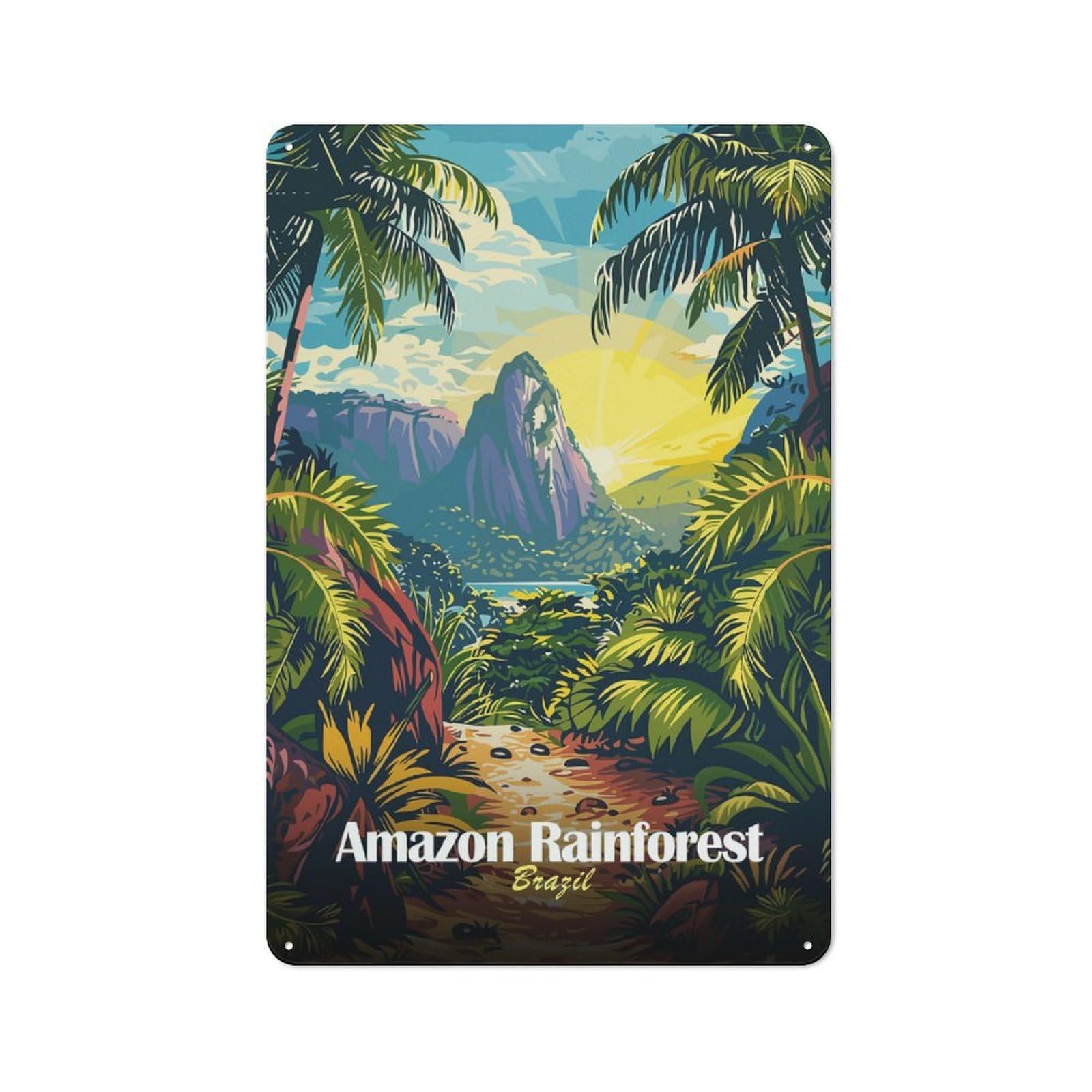 Junmoney Style-9 Amazon Rainforest Brazil Landscape Illustration Retro Metal Wall Sign 30X20cm For Guest Room Or Hallway, A Housewarming Gift For Home Decor Collectors