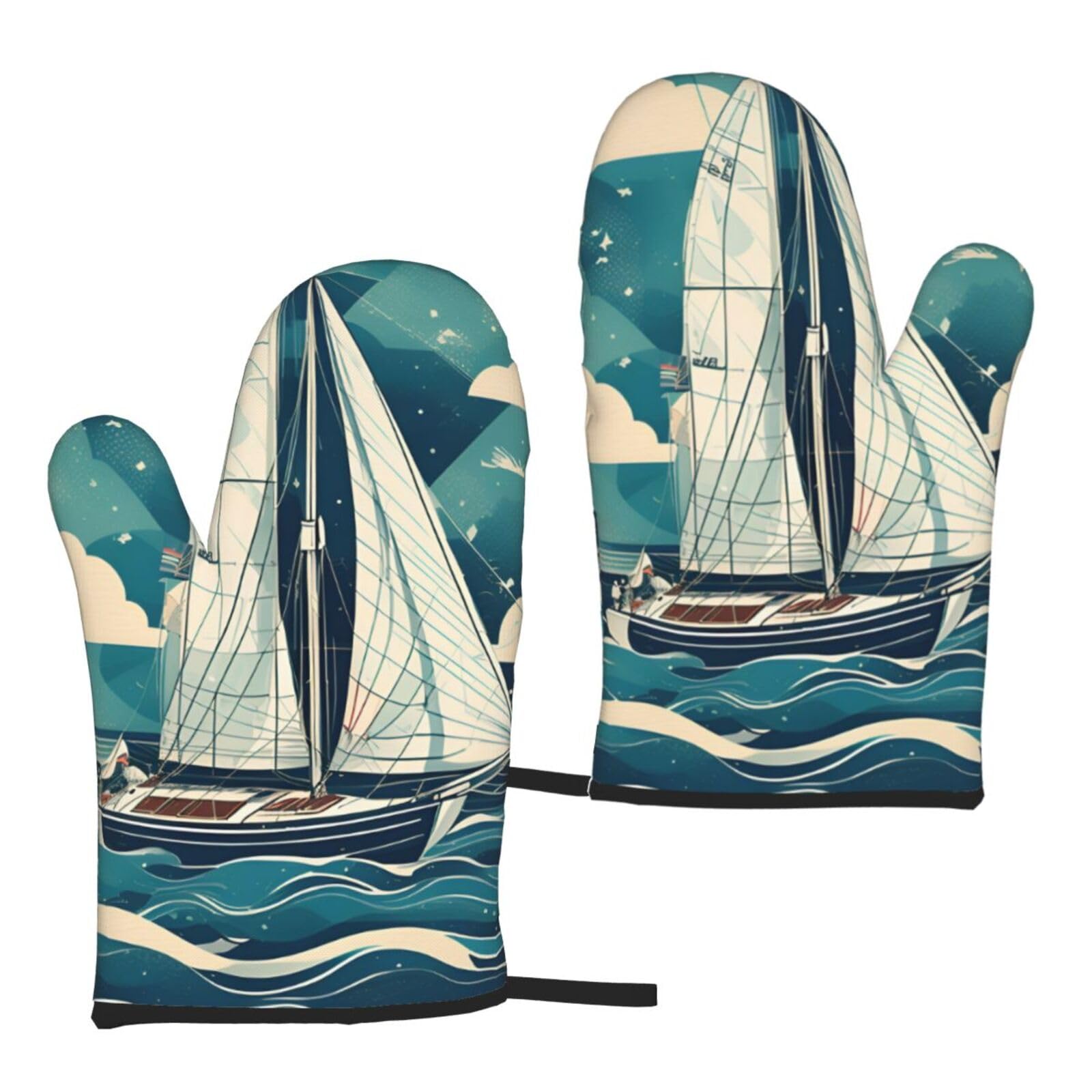 Nimongt Women's Black Ocean Sailboat Print Adults Universal Fit Heat Resistant Oven Gloves Reusable Cooking Outdoor Grilling