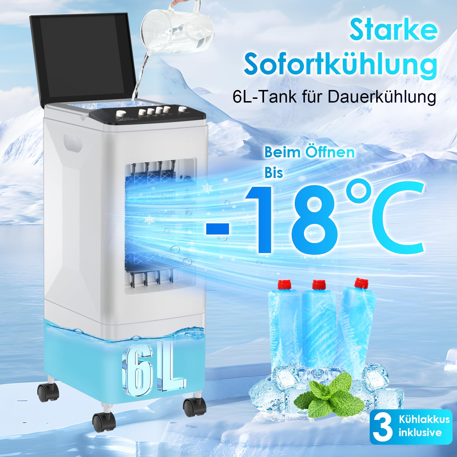 Mobile Klimaanlage ohne Abluftschlauch, 4-in-1 Luftkühler mit 6L Wassertank & 3 Kühlakkus, leiser Ventilator mit 35dB, energiesparendes Klimagerät für Zuhause, Büro, Schlafzimmer & Haustiere