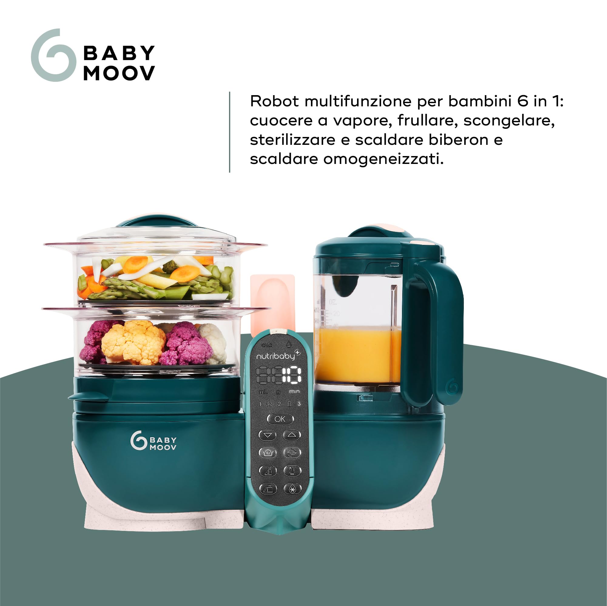 Babymoov Nutribaby+,Cuocipappa Multifunzione 6 in1 Opal Green + Babybols Set Da Sei Vasetti 250 Ml, Cuocivapore, Frullatore, Grande Capacità per i Bambini, Fino a 10 Pasti Preparati Contemporaneamente