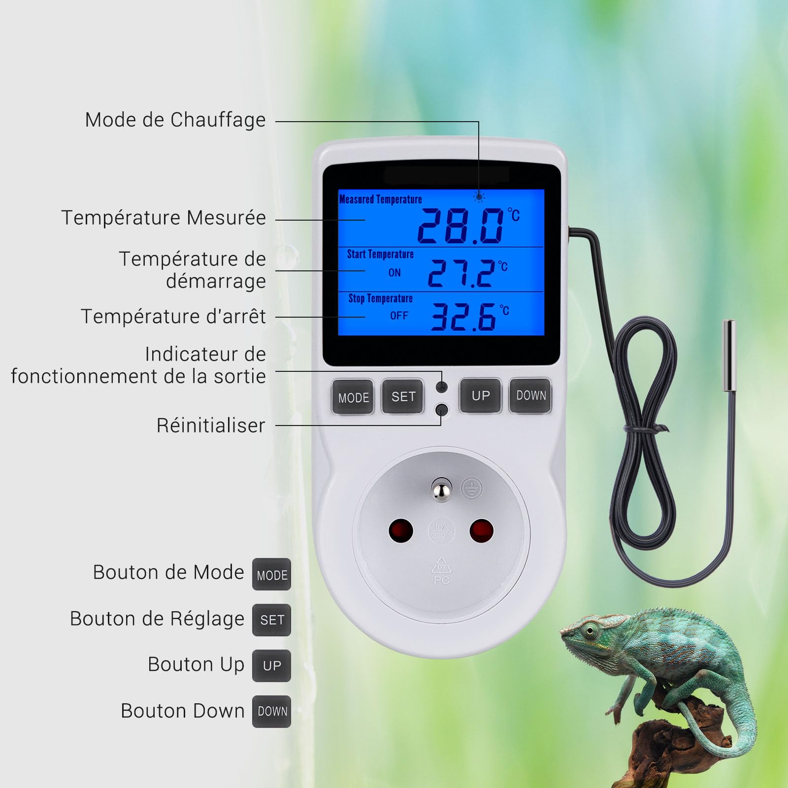 Inkbird Prise Thermostat, Thermostat Terrarium avec Ecran LCD et Sonde, Regulateur de Température Numerique Thermostat Chauffage Refroidissement pour Serre,Reptiles(FR Prise)