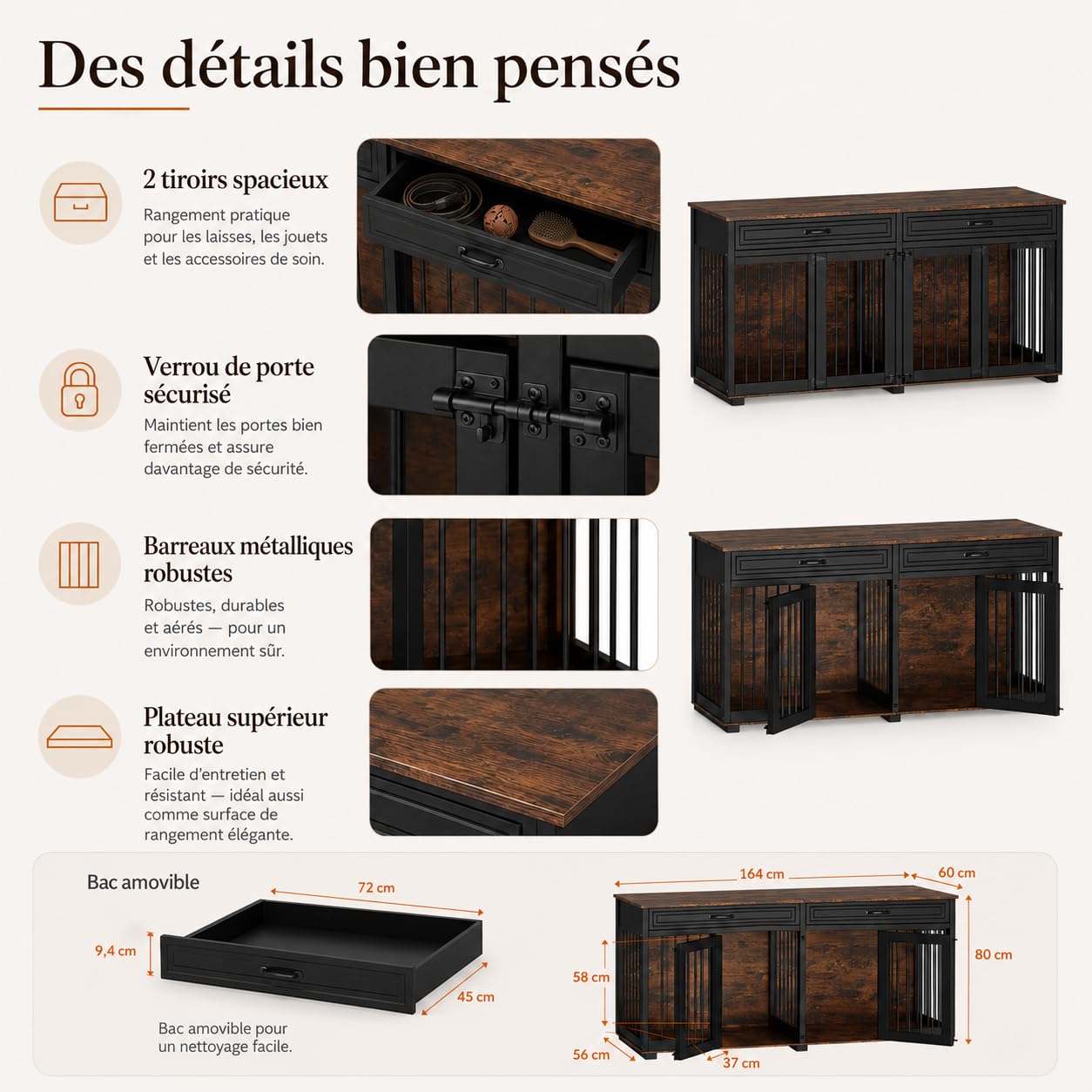 Hundekäfig Schrank XXL, Hundekäfig mit 2 Schubladen und 2 Türen, Hundebox für Zuhause Große/Mittlere Hunde,Beistelltisch, Hundehütte Indoor, Hundehaus für Zuhause, Schwarz, 164 x 60 x 80 cm, Eisen
