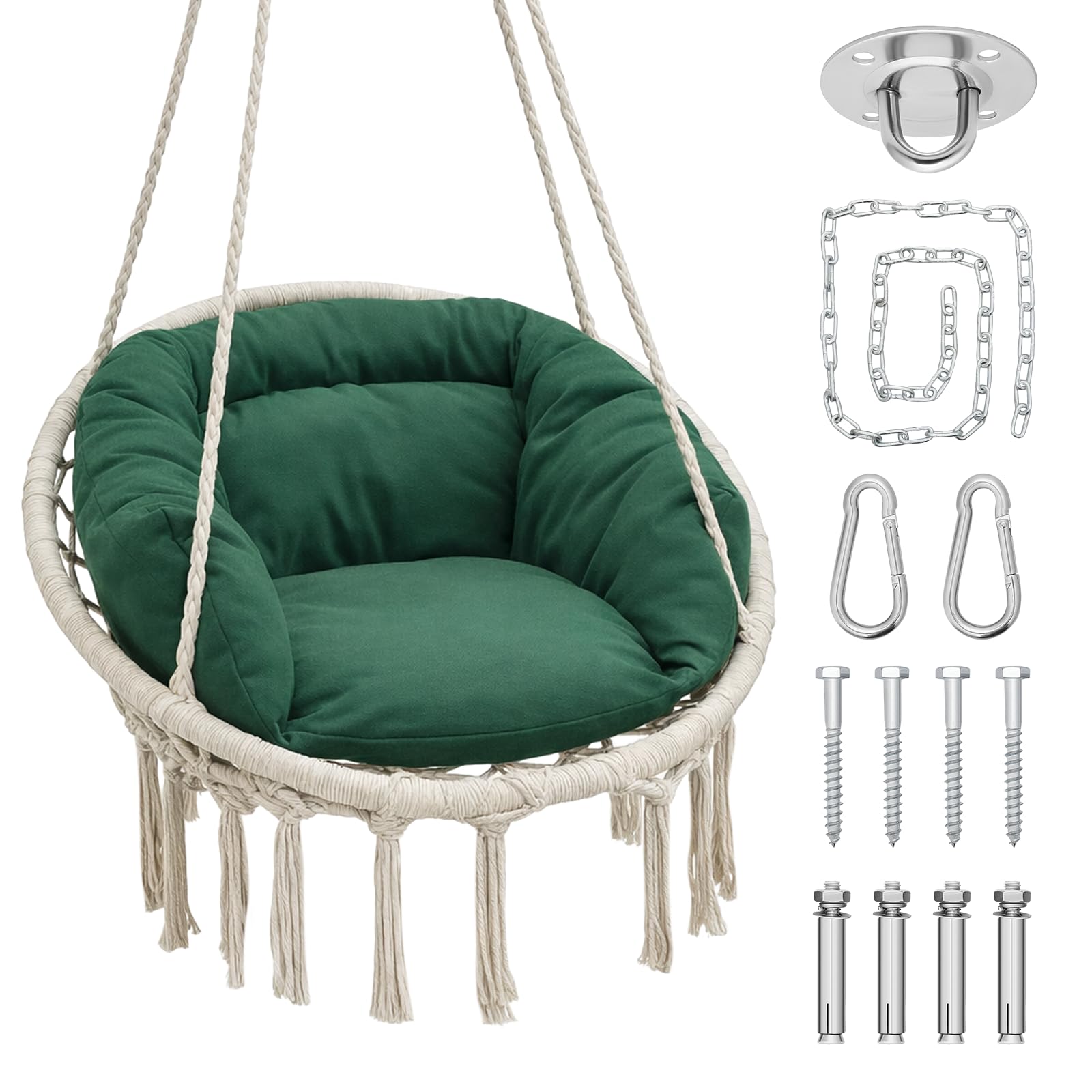 Athena Collection Hammock Chair Hanging Swing Chair with Large Thick Cushions, Outdoor Hanging Chair with Macrame Cotton Rope for Indoor, Outdoor, Bedroom, Balcony, Holds 350 Lbs, Green