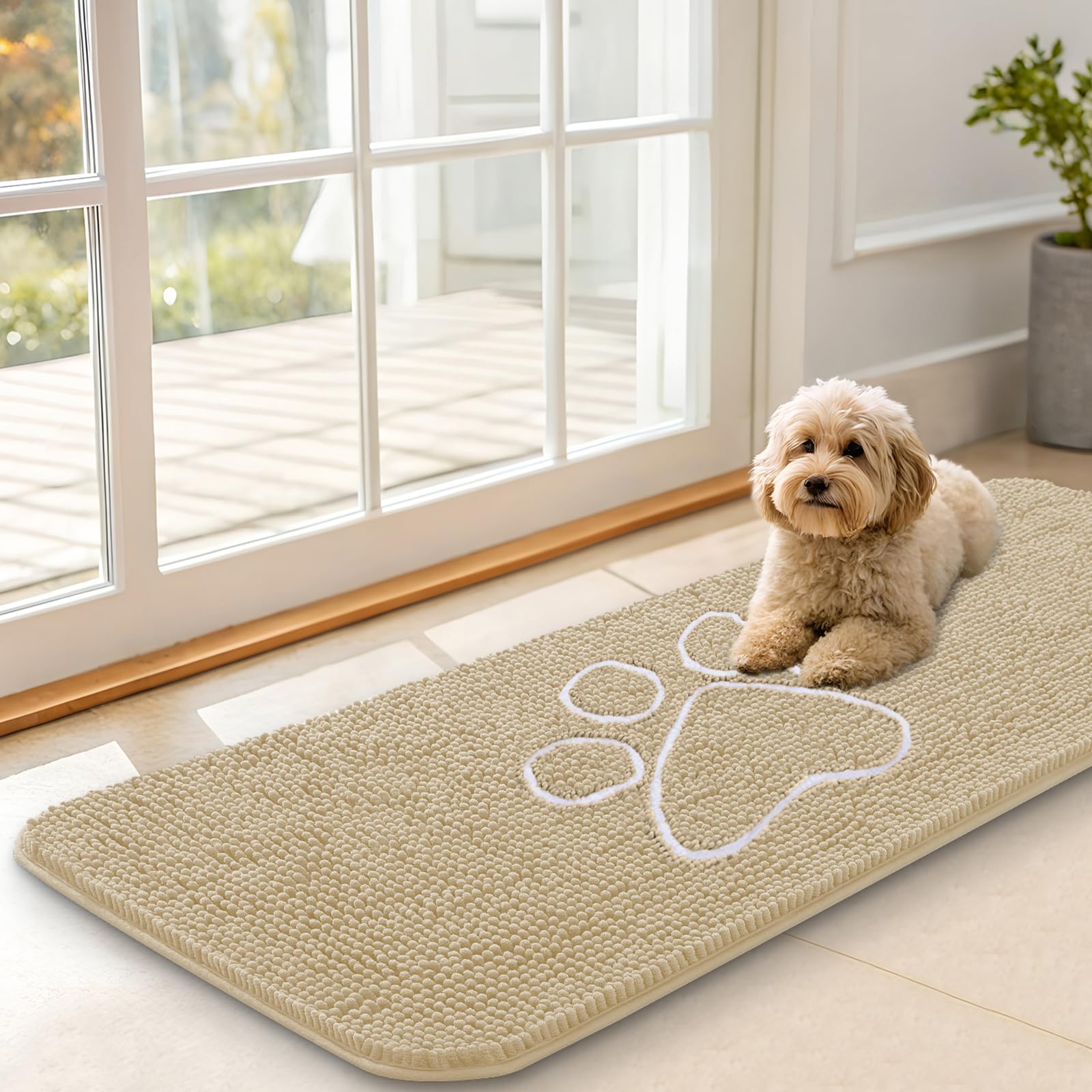OLANLY Dog Door Mat for Muddy Paws 47x17, Paw Print Design Chenille Mud Mat