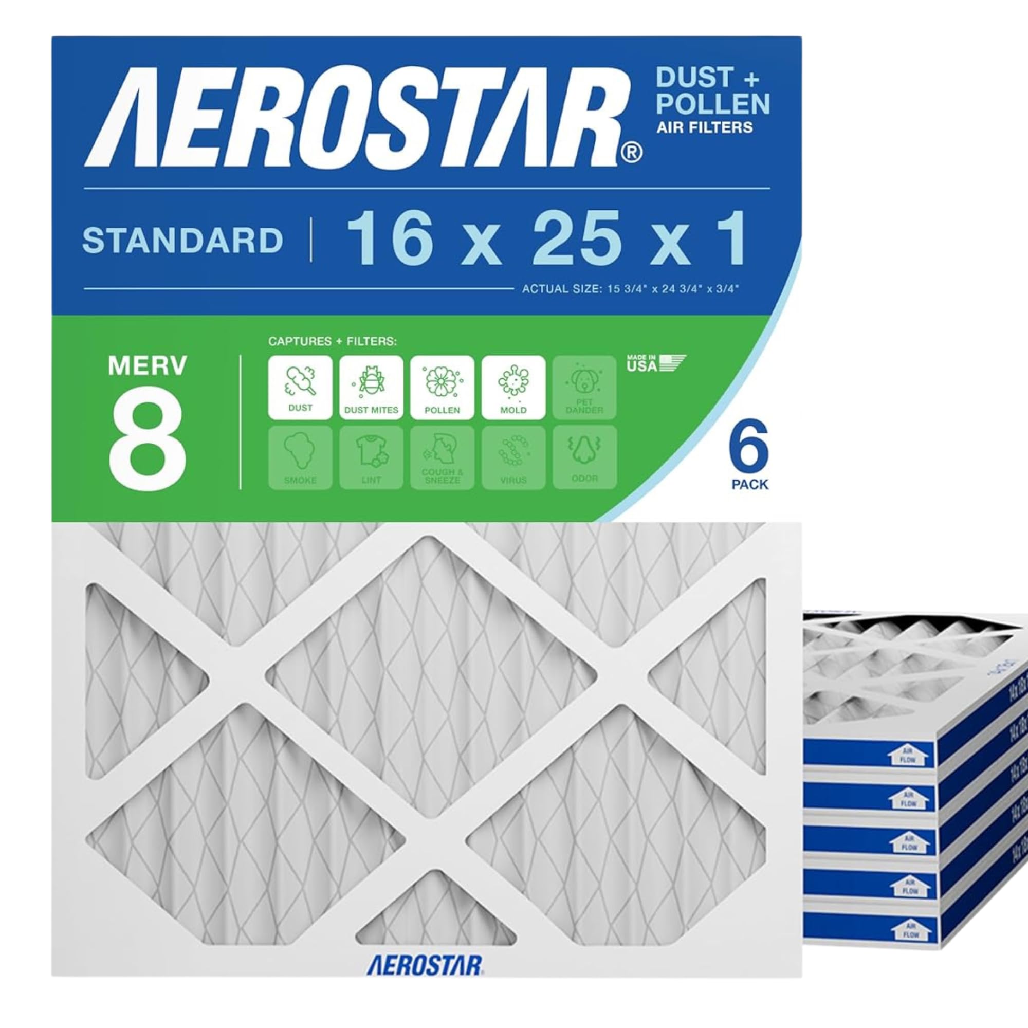 16x25x1 MERV 8 Pleated Air Filter, AC Furnace Air Filter, 6 Pack (Actual Size: 15 3/4"x 24 3/4" x 3/4")