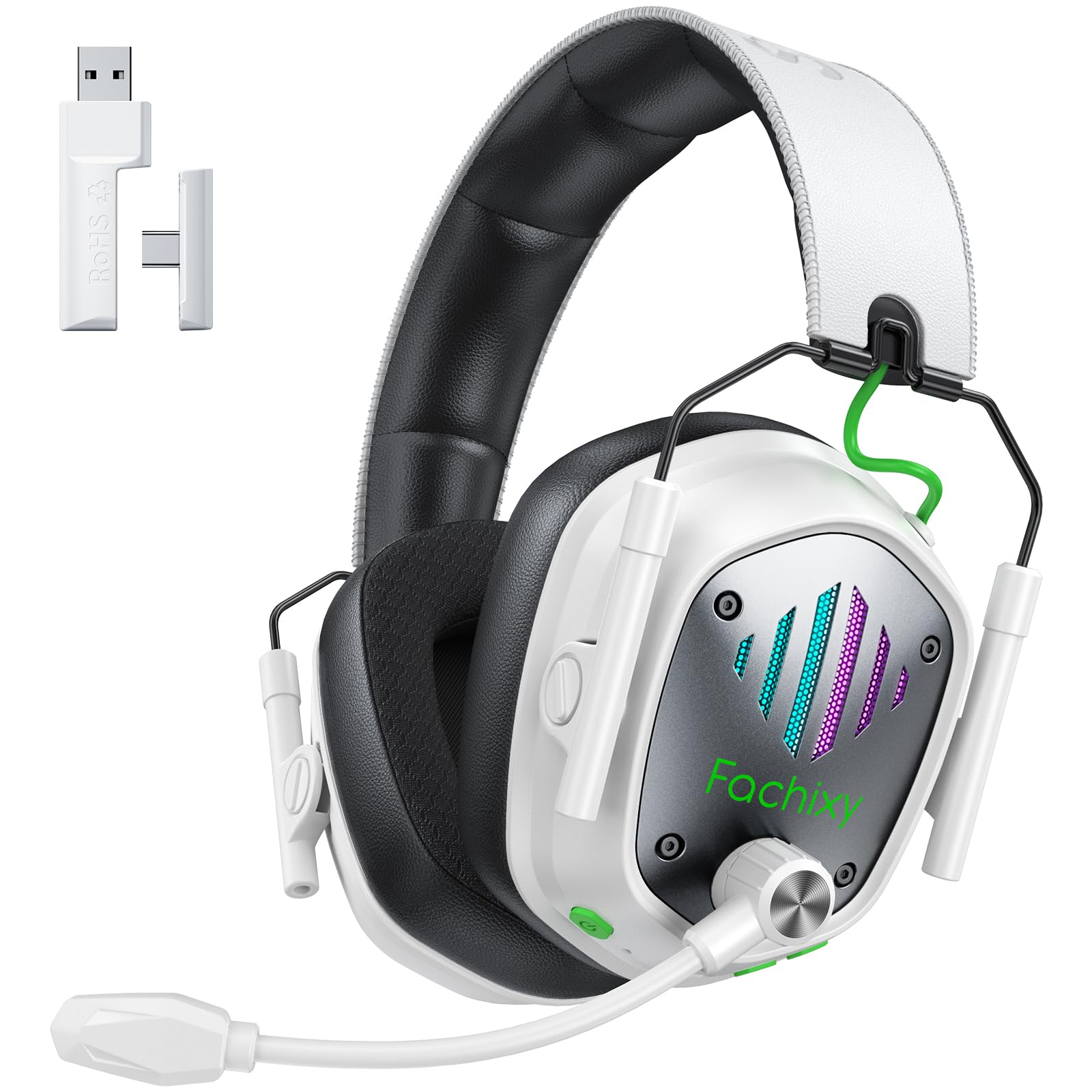Fachixy Cuffie da gioco wireless per PS4, PS5, Switch, PC, Mac, laptop, 60H, 2,4 GHz, con microfono a cancellazione del rumore, cuffie Bluetooth senza fili con luci LED, suono surround
