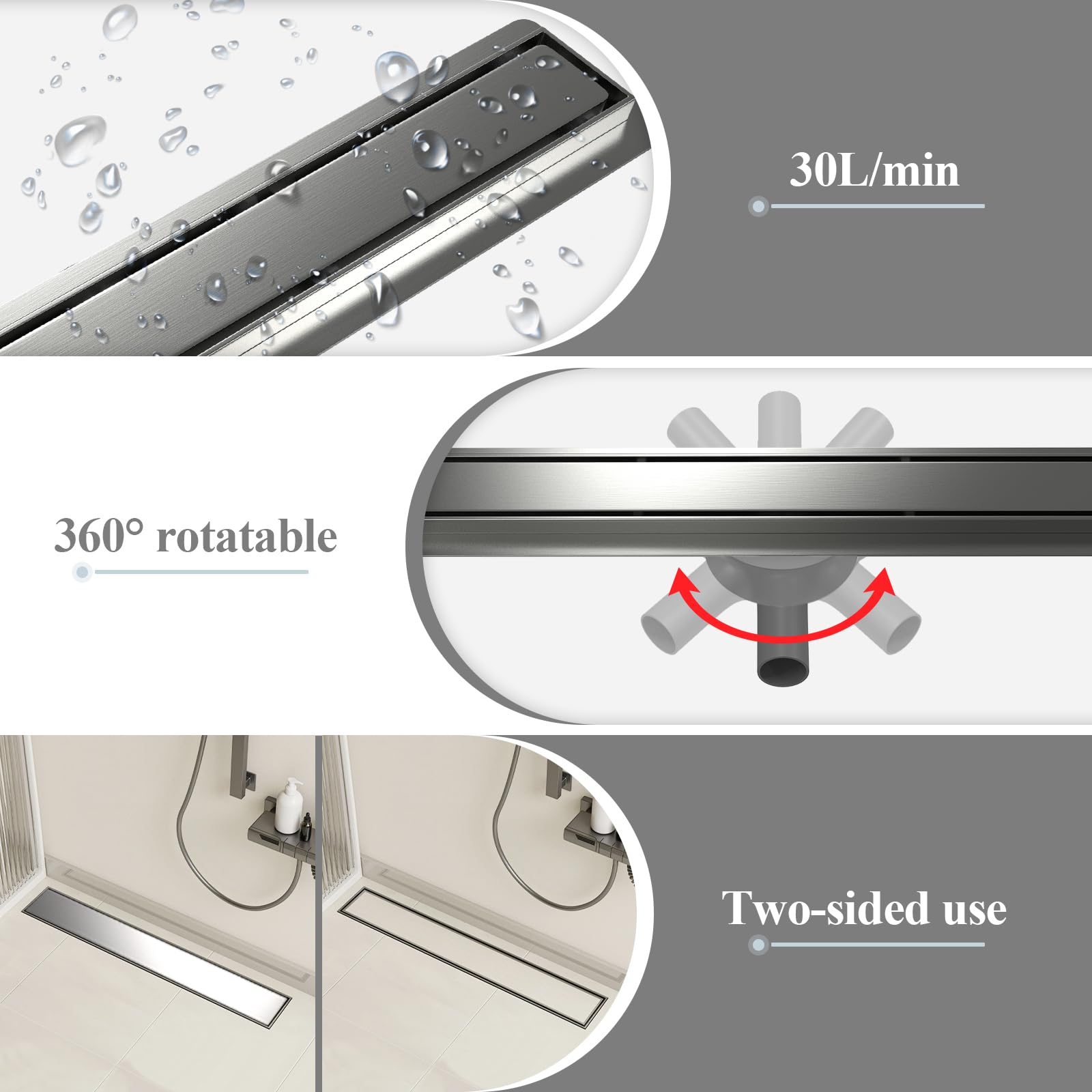 EFUTURETIME 70cm Canaletta Scarico Doccia a Pavimento in Acciaio Inox, Piletta Doccia Piatto Piastrellabile 2 in 1 Sifone a 360° con Filtro Antiodore e Anti-Capelli per Doccia Walk-in