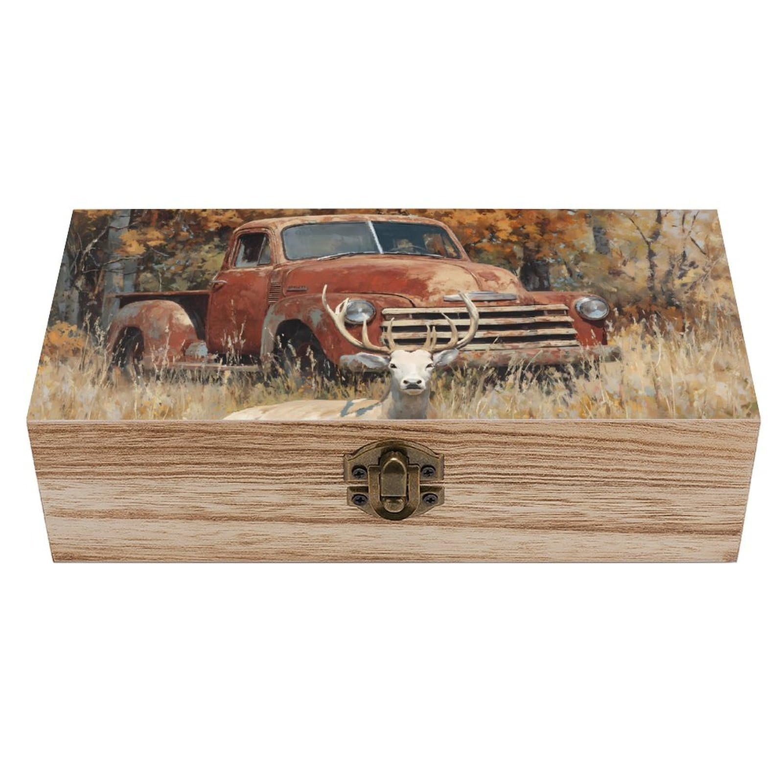 HLBSDM Old Truck Deers Autumn s Wooden Storage Box Craft Memory Keepsake Treasure Chest Box Jewelry Organizer