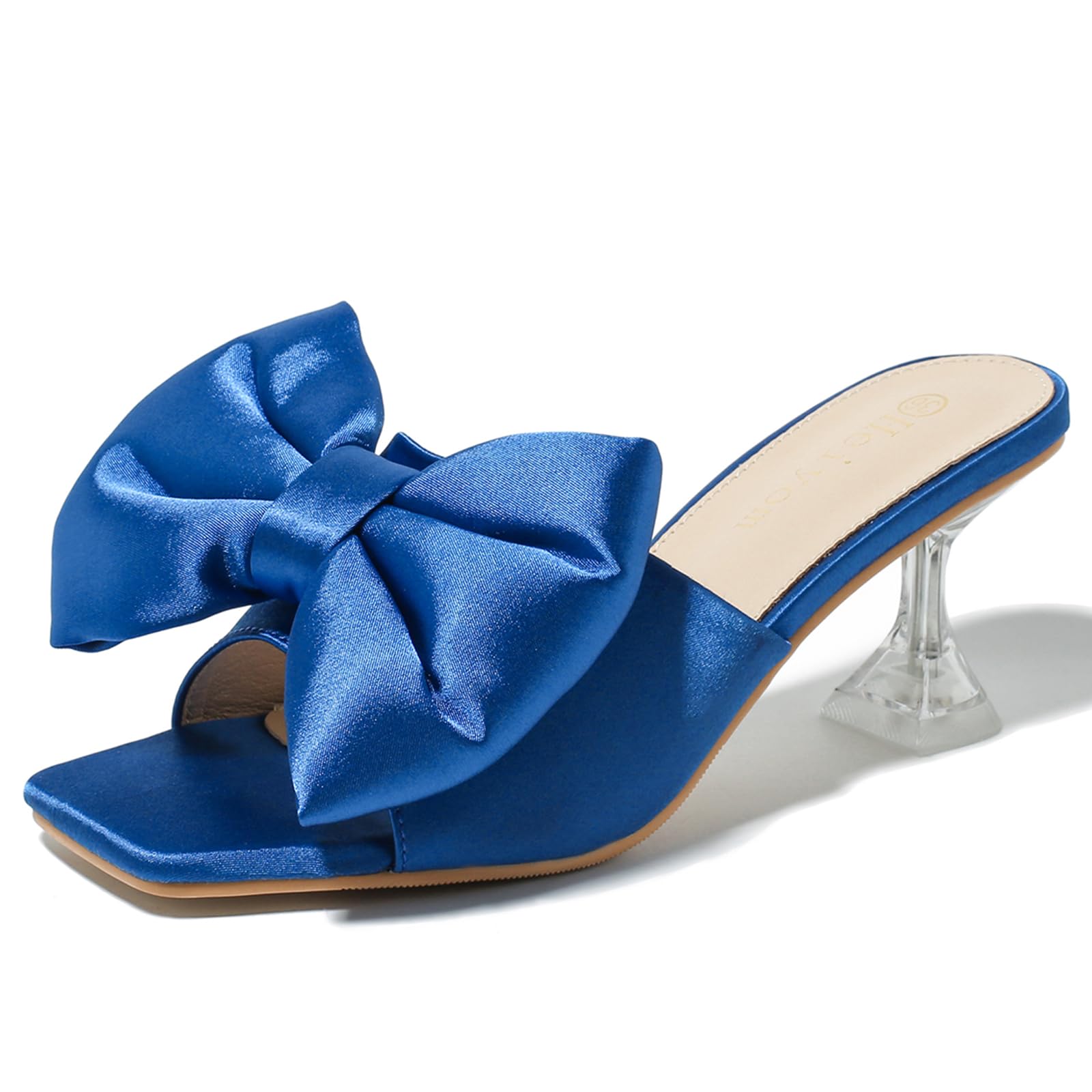 Heiyom Women's Bow Clear Heels Slippers Dress Sandals Square Toe Stiletto Mules Slip on Wedding Prom Shoes