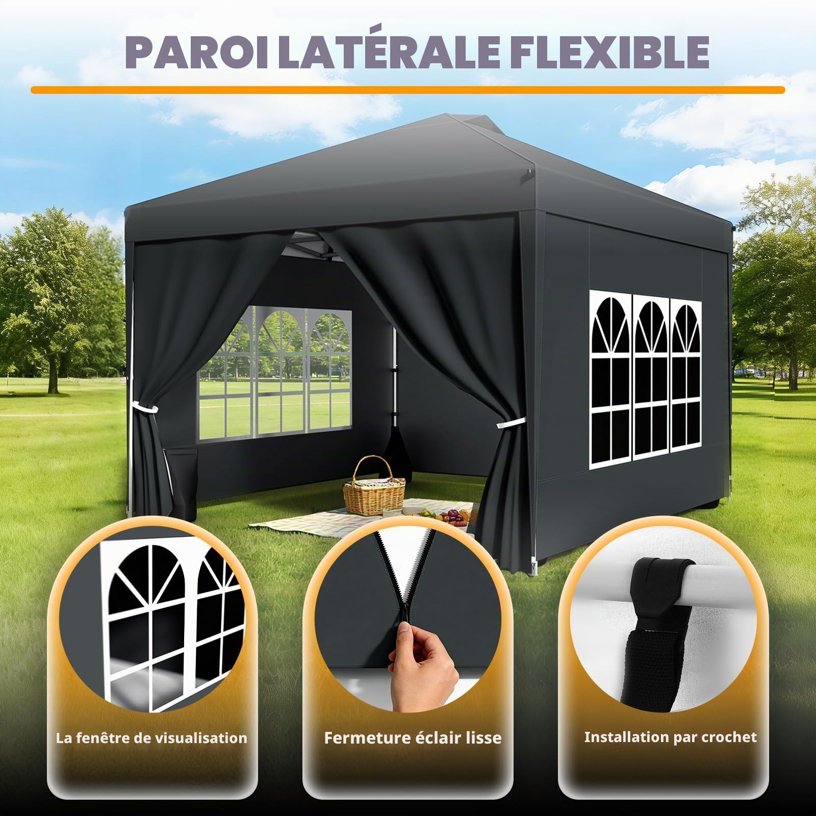 Tonnelle de Jardin 3x3m,Tente Pliante de Exterieur avec 4 Côtés、4 Sacs de Sable、Sac de Transport,Tonnelle Pliante Imperméable，Anti UV，Hauteur Réglable，Tente de Camping,Barnum,Anthracite