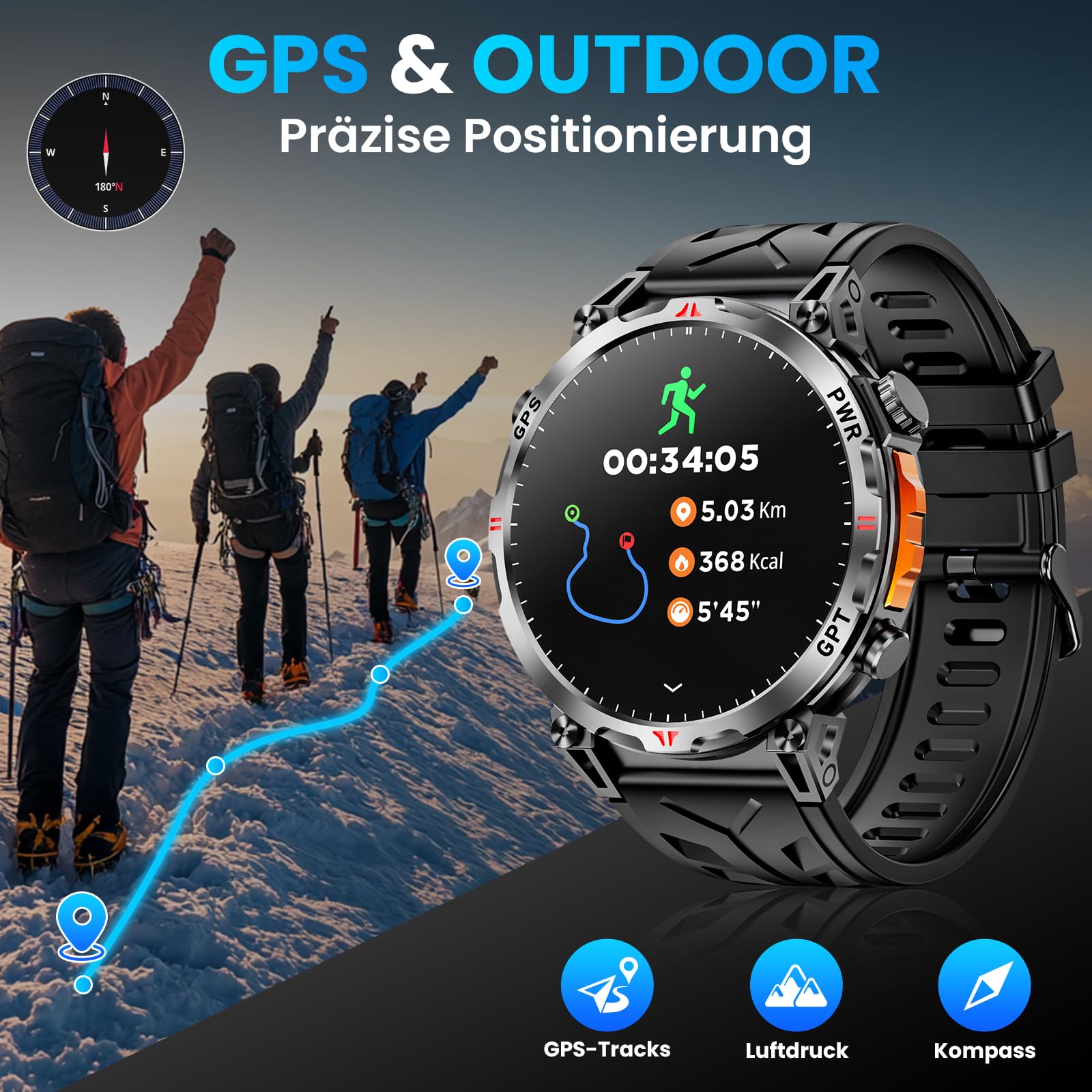 Smartwatch Herren Militärische, 1,56 Zoll mit GPS/GPT-Assistent/Bluetooth AI Zifferblatt/Bluetooth-Anruf/Herzfrequenz/Kompass, 3ATM Wasserdicht, kompatibel mit Android/iOS,100+Fitnessuhr Tracker | Bluetooth-Anruf / Herzfrequenzstress / Schlaferkennung / K