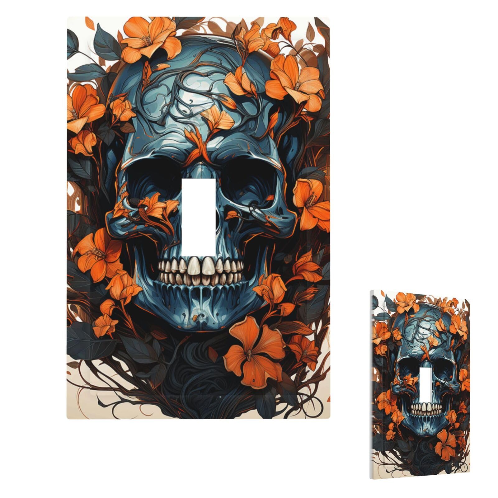 Skull and Leaves Wall Plate Cover Single Toggle, Modern Decorative Light Switch Cover Unbreakable Receptacle Outlet Covers for Living Room Bedroom Decor