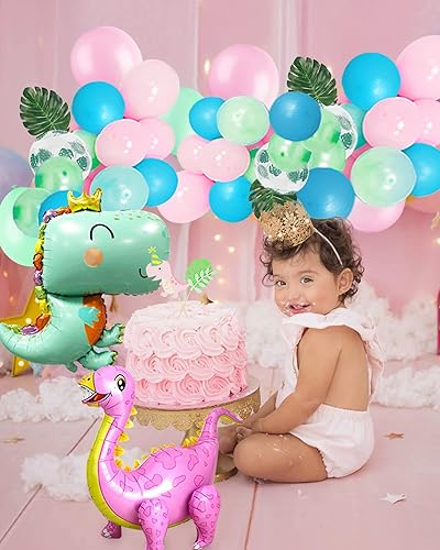 Miniatura 4 de Suministros de fiesta de dinosaurios para niñas 76 piezas de decoraciones de fiesta de dinosaurio rosa con globos de dinosaurio de pie 3D pancarta