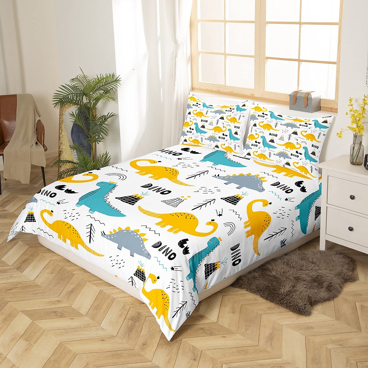 GDGM Parure De Lit Enfant Dinosaur,Housse De Couette Dinosaure,Housse De Couette+Taie d'oreiller Microfibre Lit Simple Housse Couette (A02,200x200cm+80x80cmx2