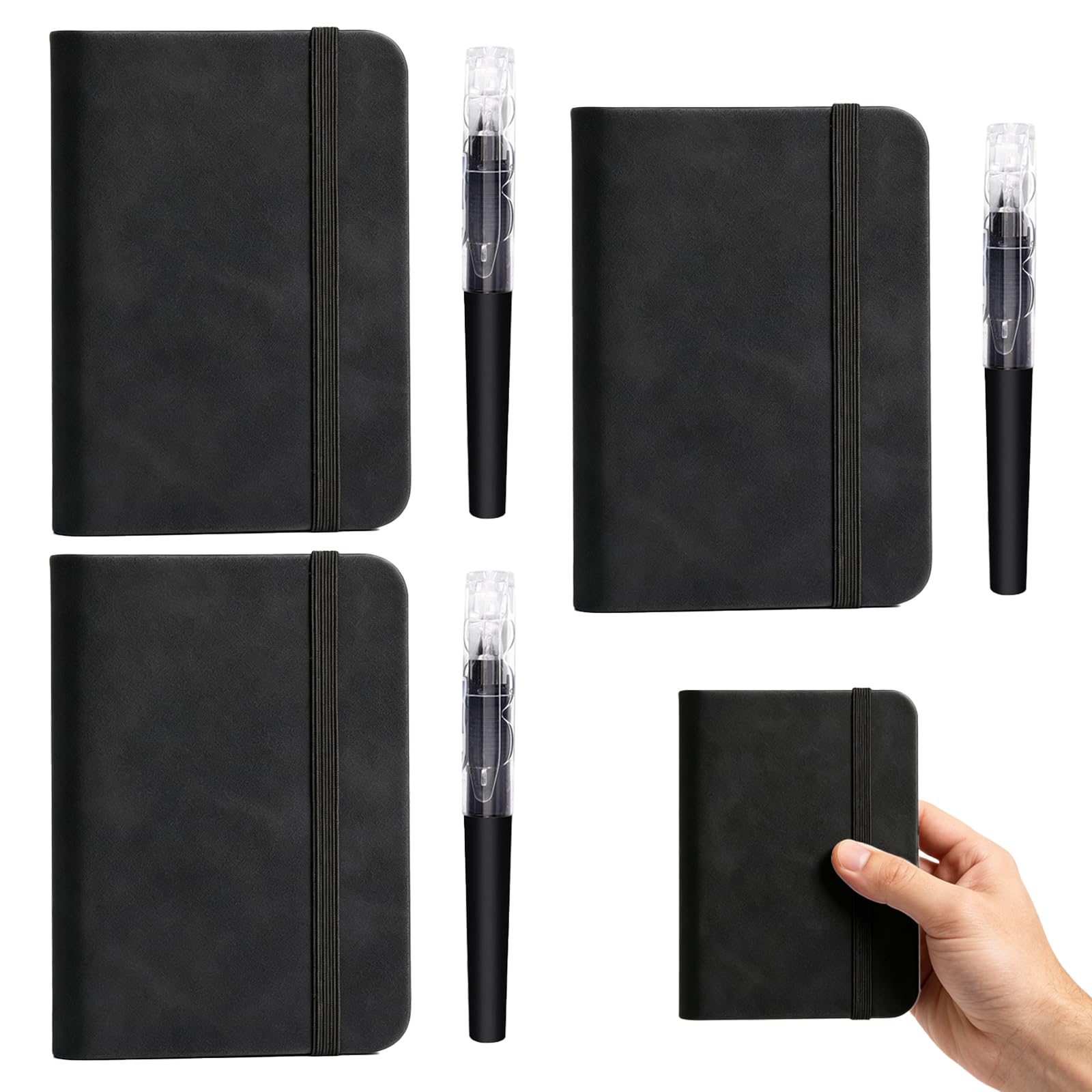 Avvchuy 3Pcs Small Notebooks Pocket Size, A7 Mini Black Casebound Notebook with Elastic Closure 3 Pen for Notepad Journal Writing