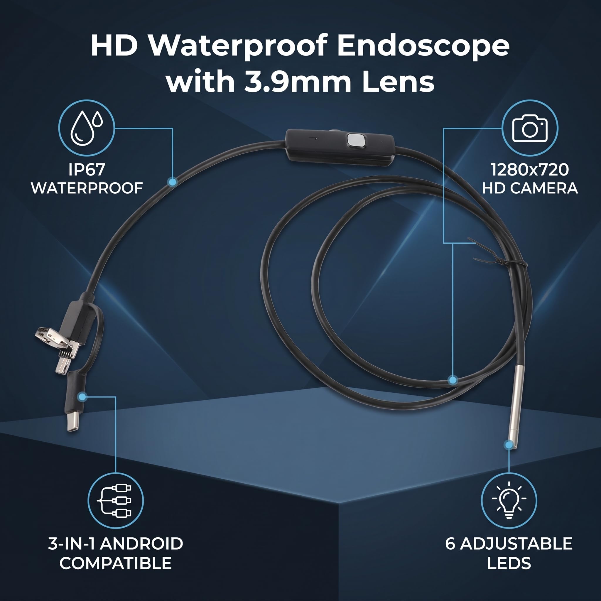 Endoscopio 3 in 1, Endoscopio USB di Tipo C con Telecamera a Serpente Impermeabile per Boroscopio WiFi per Telefono Cellulare Android Ispezione con Boroscopio Impermeabile con Obiettivo(1M)
