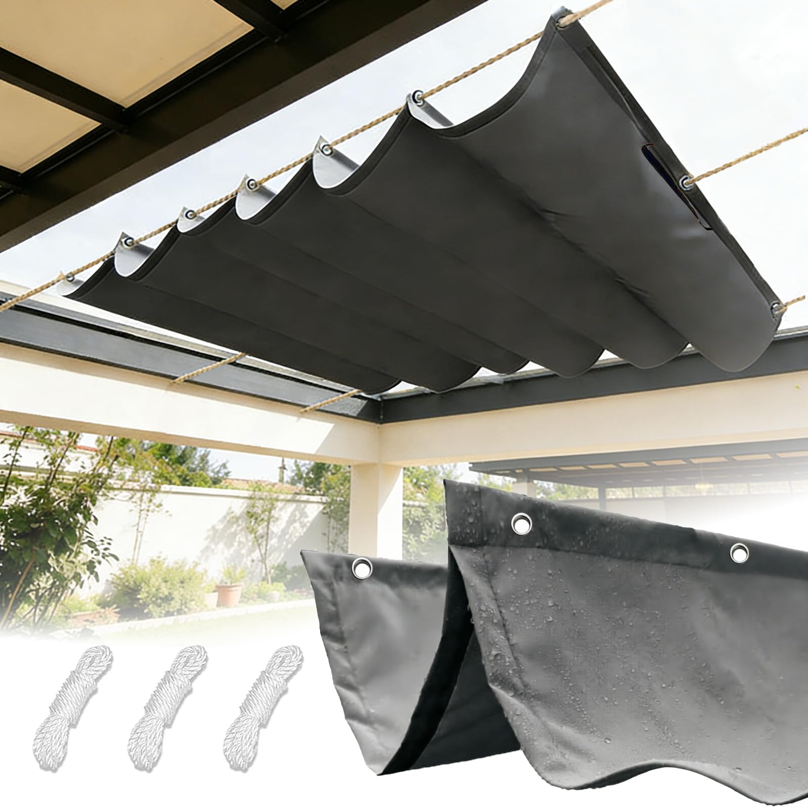 Retractable Wave Sun Shade Sail with Eyelets and Rope, Waterproof Rectangle Garden Canopy, Uv Block Tearproof Patio Awning for Outdoor-DarkGrey||60x650cm(24x256in)