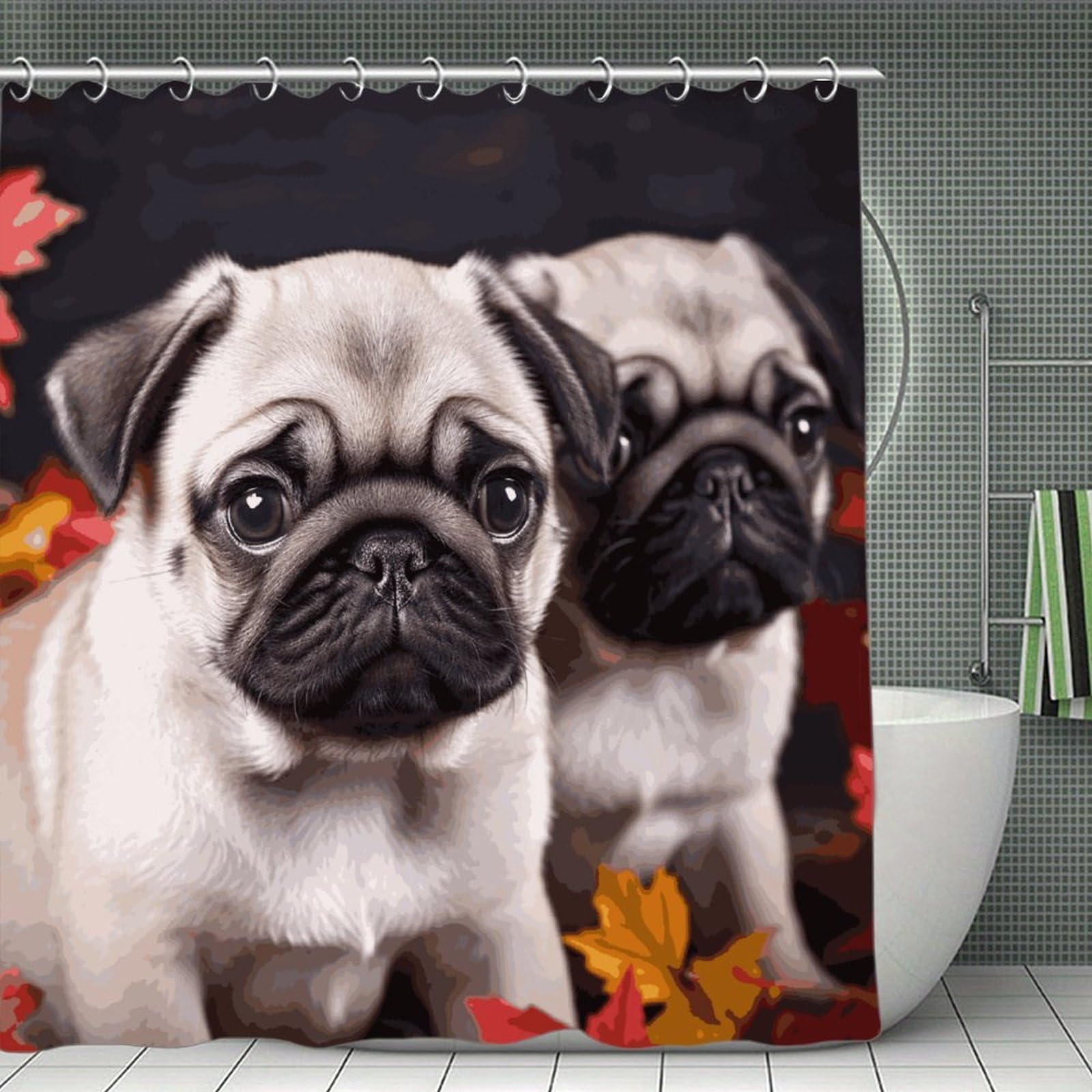 FekiLoot Puppys Pug Shower Curtain Minimalist Thick Bathroom Curtain Washable Modern Bathroom Shower Curtain Heavy Duty Waterproof Cloth Bath Curtain with Hooks 70.8"x70.8"
