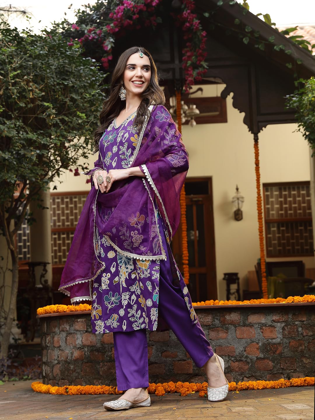 Stylum Women's Floral Printed Rayon Straight Kurta Pant Dupatta Set (Kpdvoilfrance38_Violet, M)