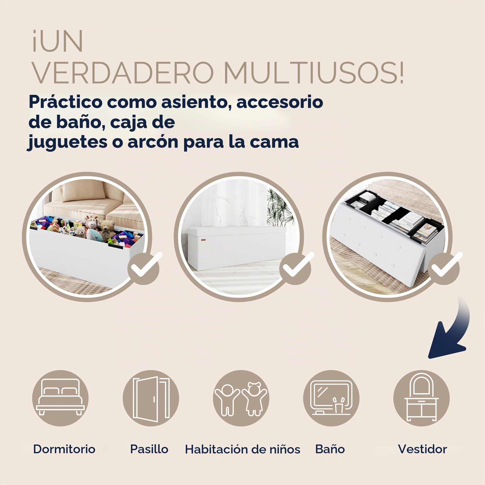 CASARIA® Banco Almacenaje Plegable Puff Reposapiés Otomana Almacenamiento Salón Dormitorio Capacidad Carga 300kg Resistente Efecto Piel 115x40x40cm Blanco
