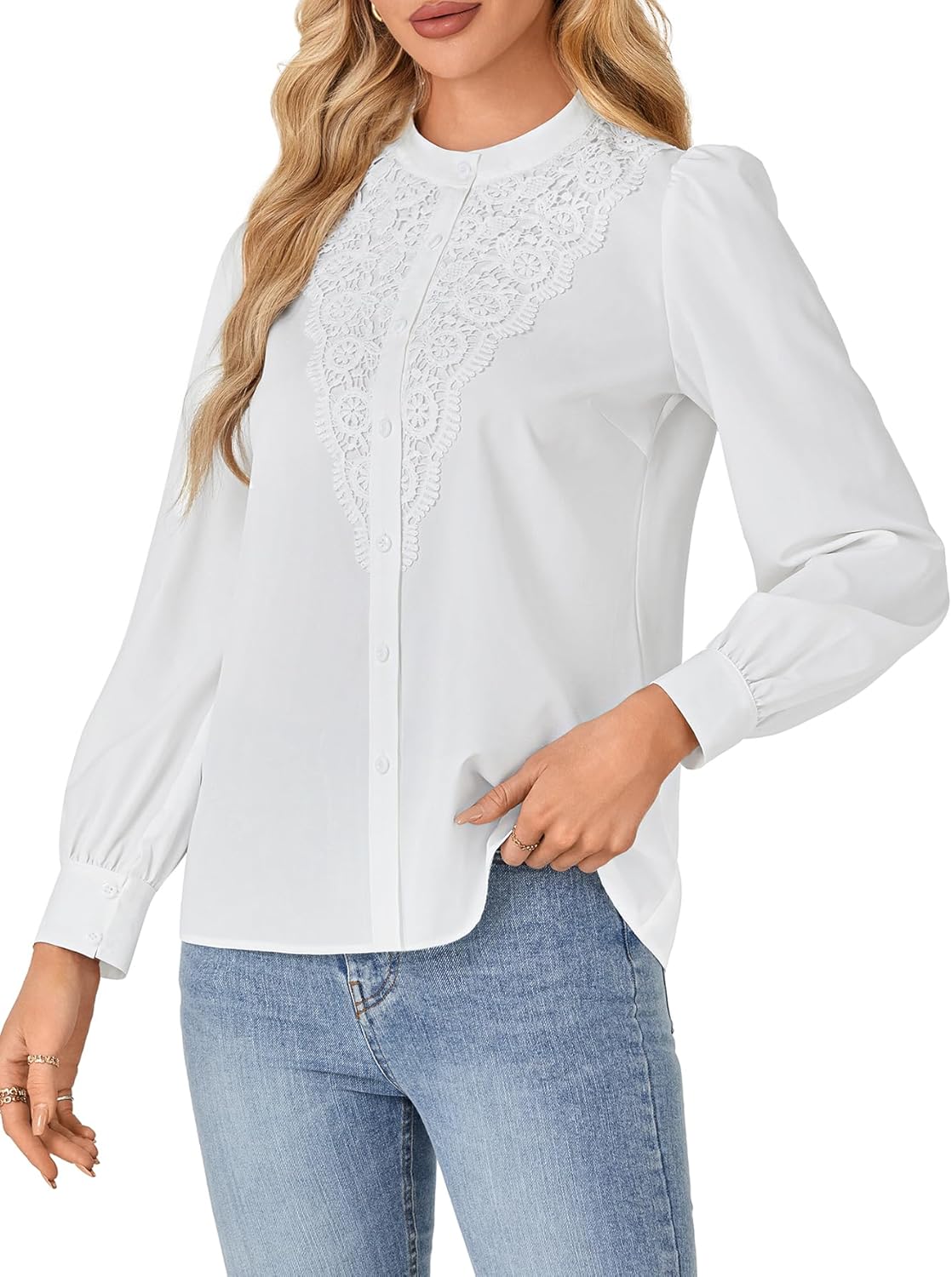 Rooscier Women's Lace Mock Long Sleeve Button Down Elegant Blouse Shirt Top Fall Clothes - Image 3