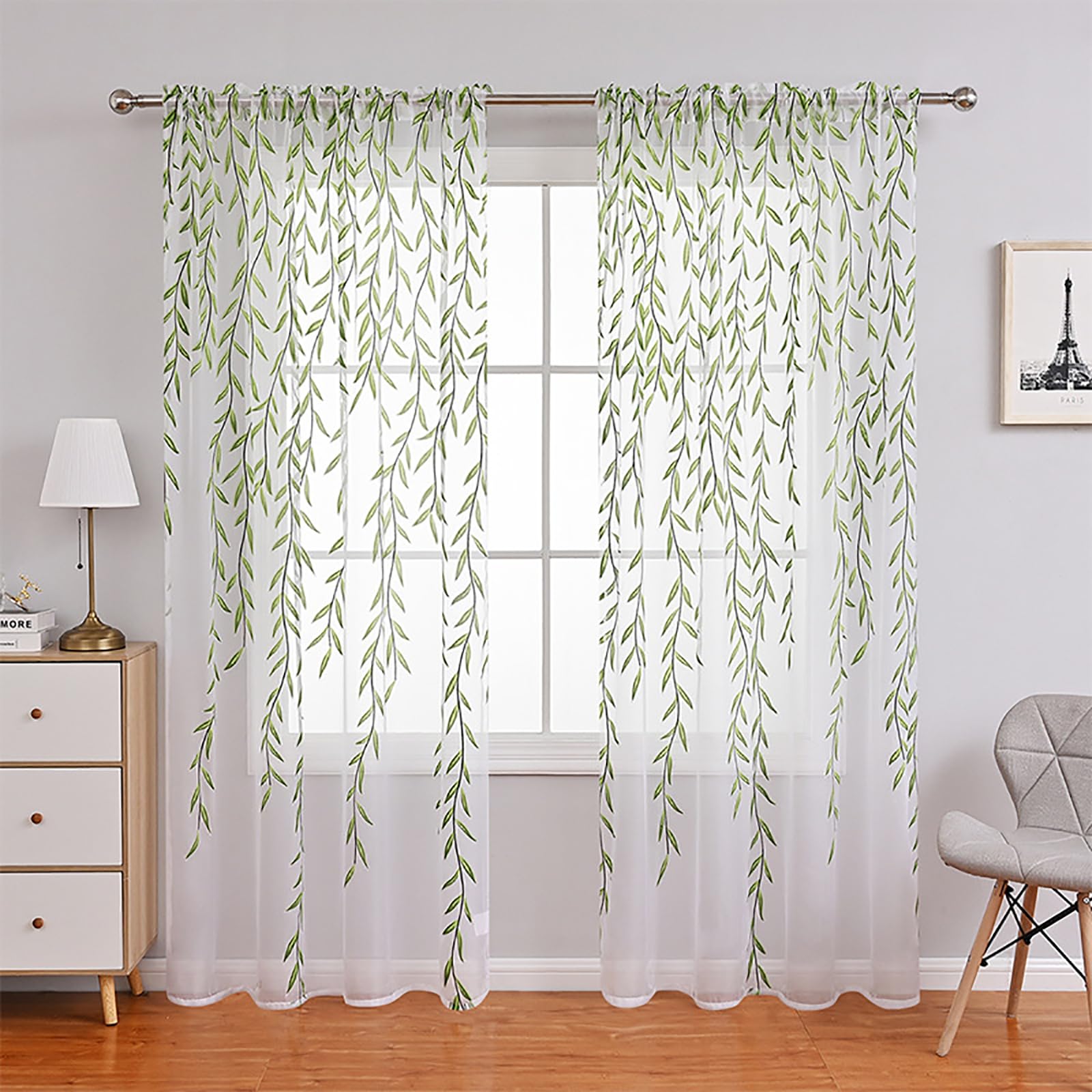 ALDNMBR Willow Leaves Embroidered Sheer Curtains, 2 Pcs Lightweight Polyester Tulle Panels, Elegant Rod Pocket Window Drapes, Nature Leaf Pattern Green Leaf W 39.4 x L 78.7 (2 Panels)