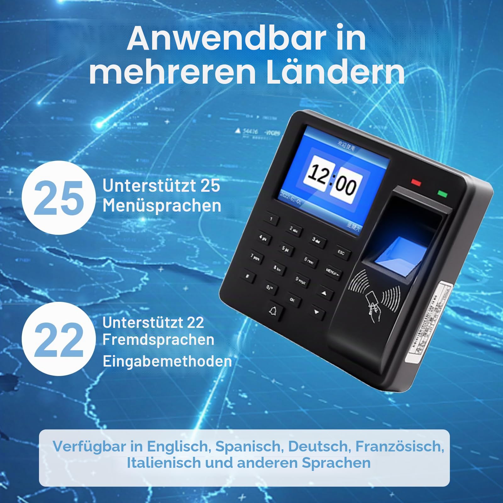 Zeiterfassung für Kleinbetriebe, Fingerabdruck Stempeluhr mit 10 RFID Karten, 1000 Fingerabdrücke Arbeitszeiterfassung für Kleinbetriebe, 25 Sprachen Arbeitszeiterfassung Stempeluhr
