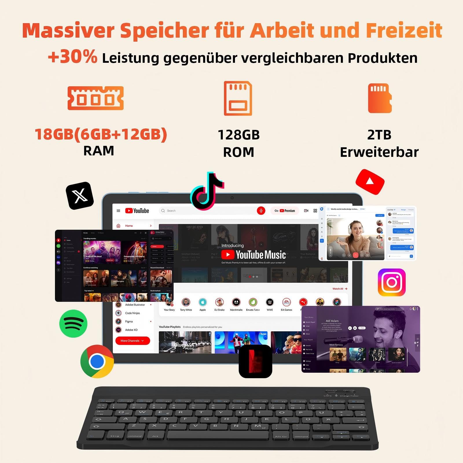 AWOW Tablet 11 Zoll mit Tastatur: Android 15 8000mAh Octa-Core 18GB+128GB 2TB TF Tablet PC - WiFi 6 BT 5.2, 13MP+5MP Kamera mit Maus, USB C, Adapter, Hülle, OTG-Adapter, Stift, Schutzfolie