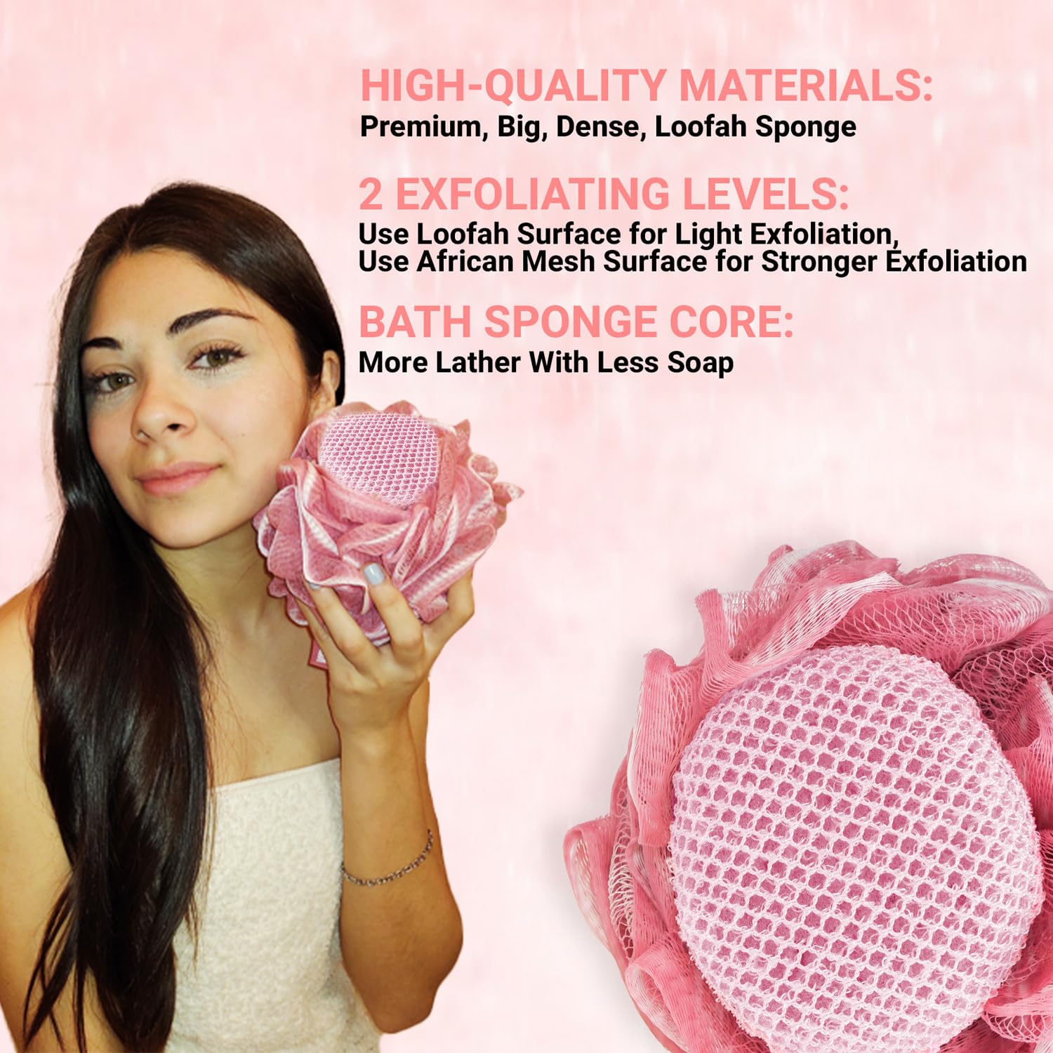 Dual Bath Loofah Sponge - Foam Fusion Shower Loofah with African Net Sponge - Loofa Exfoliating Body Scrubber with Durable African Washcloth - Bath Sponge for Women and Men - Bulk Body Puffs