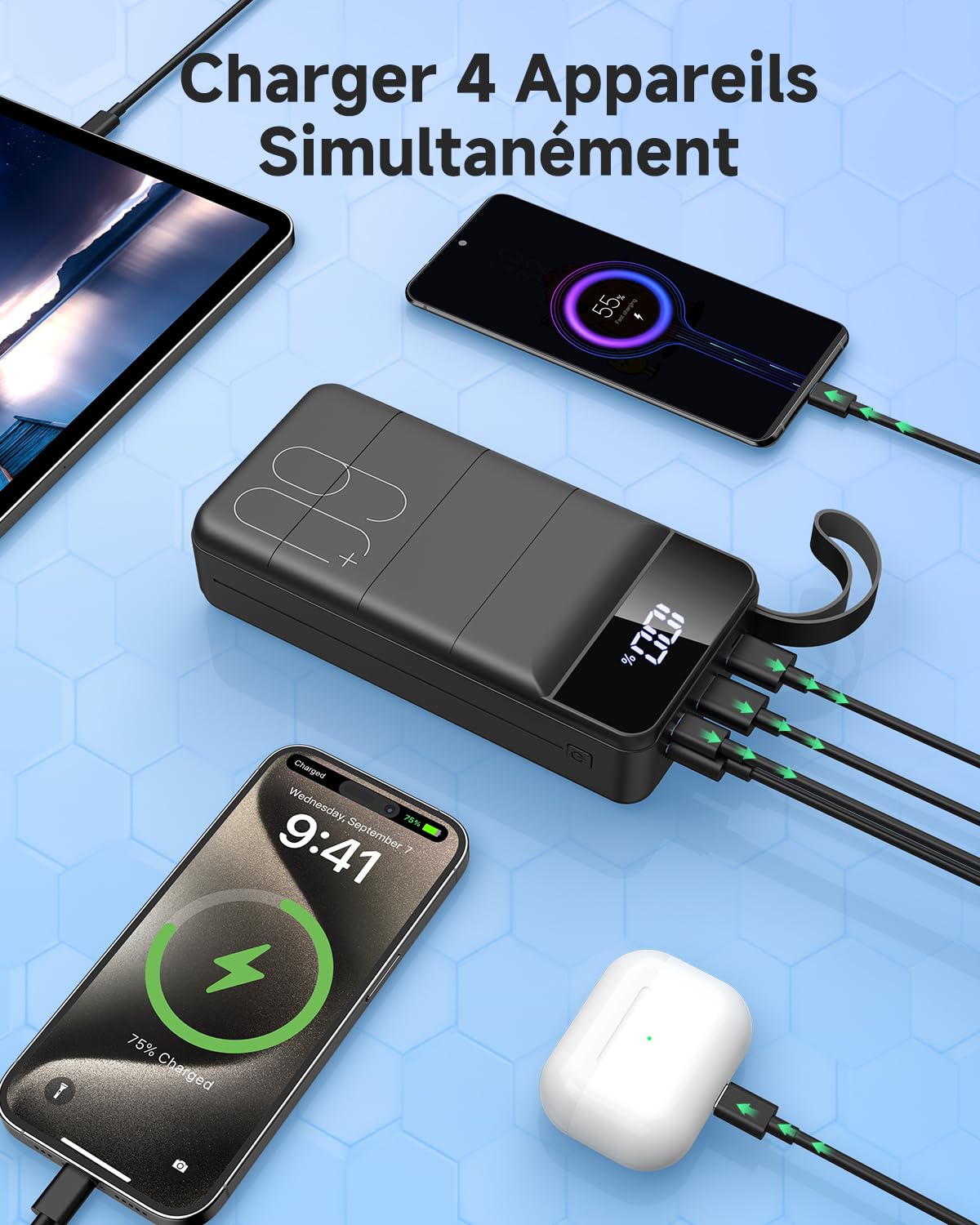 60000mAh Batterie Externe Charge Rapide, 22,5W Power Bank Chargeur Portable avec Écran LED, 4 Sorties et 2 Entrées Compatibles avec Smartphone, Tablettes, etc （Noir）