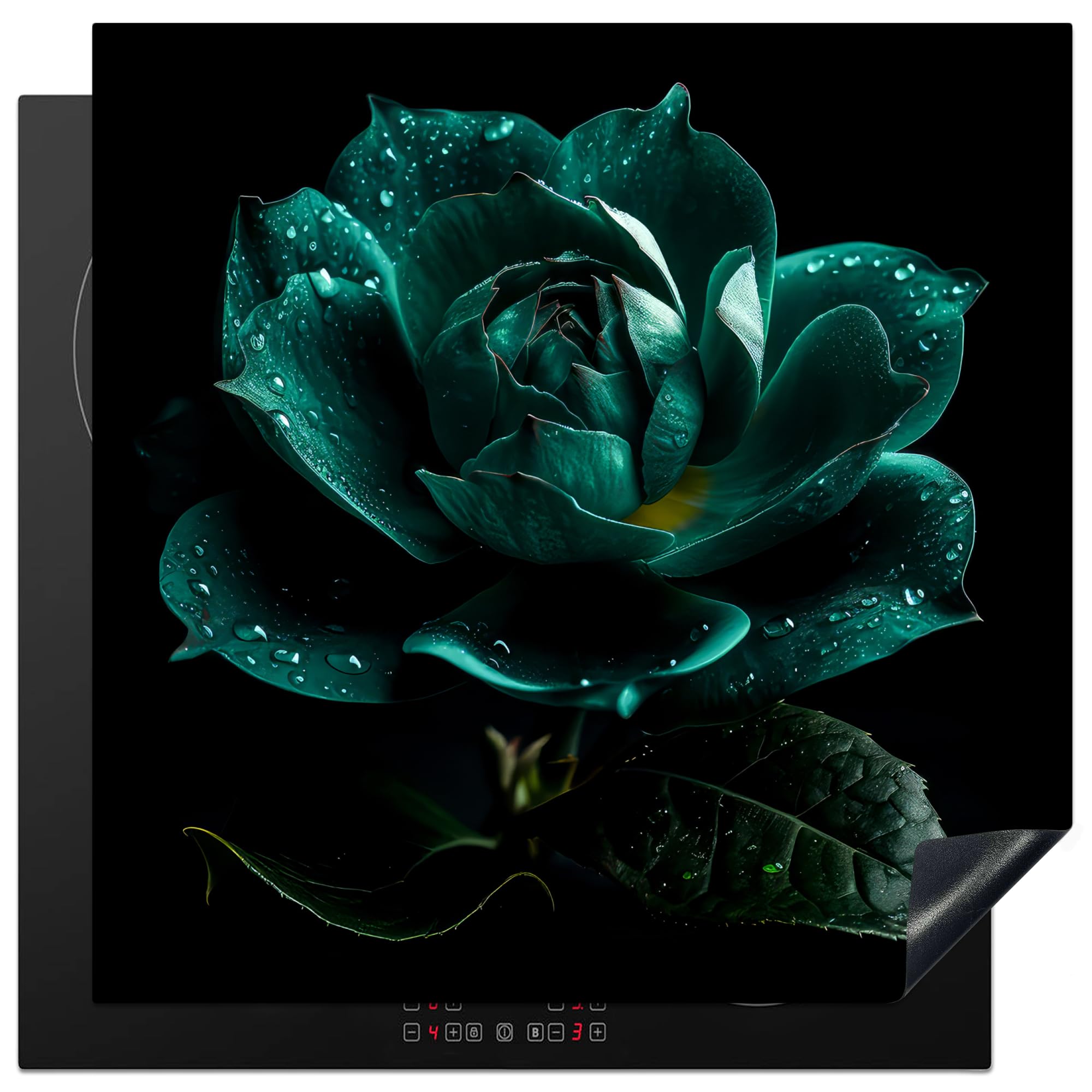KitchenYeah© Induction Hob Protector Mat 30.7"x30.7" / 78x78 cm Stove Cap Top Cover Kitchen Cooker Covers for Electric Hobs Vinyl Flowers - Roses - Blue - Portrait - Black