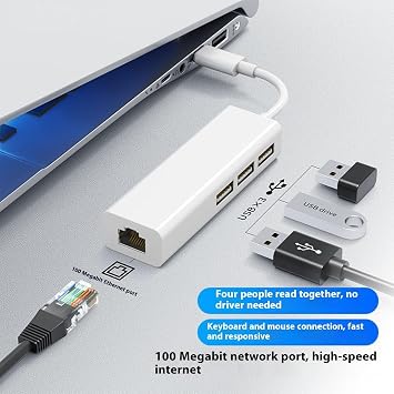USB C/a RJ45 Networking Adapter with 3 USB2.0 Port Wide Compatibility for Desktop Laptop Tablets C/a to Ethernet and Expansion