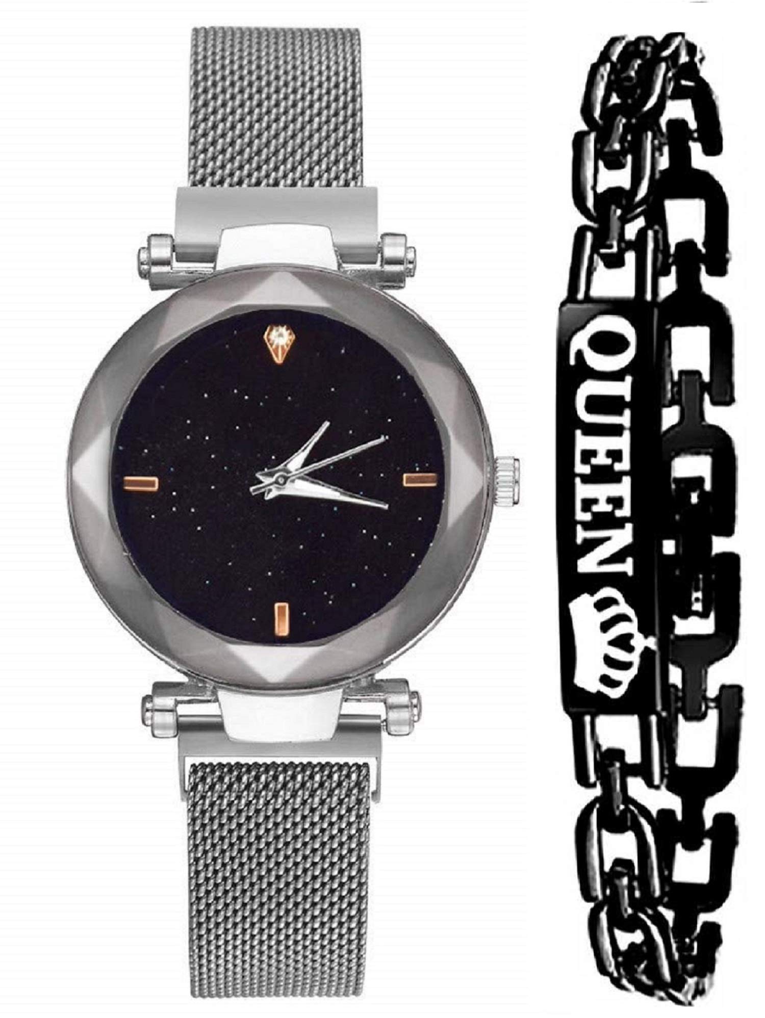 BID Hours 3,6,9 Represents Line and 12 Represent Diamond Blue 21st Century Magnet Analogue Women's Watch & Bracelets for Women and Girls (Silver)
