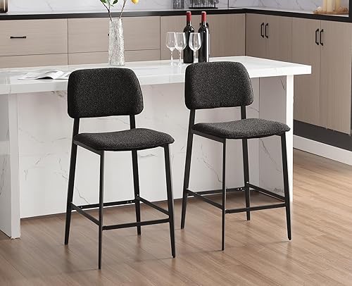 Miniatura 4 de Kmax Juego de 2 taburetes de bar modernos de piel sintética con patas de metal para comedor, isla de cocina, color negro