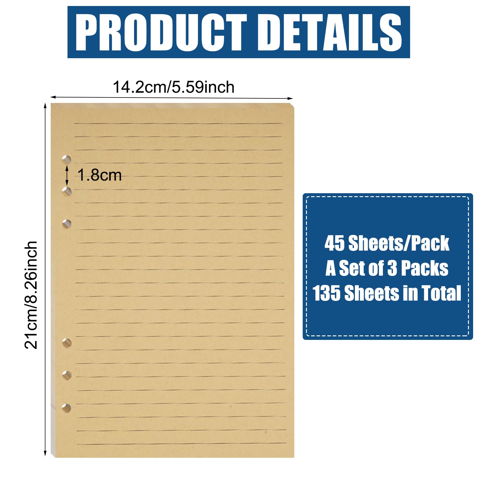 135 Feuilles Recharge Papier A5 6 Trous Brun - Feuillets Pour Carnet à Anneaux
