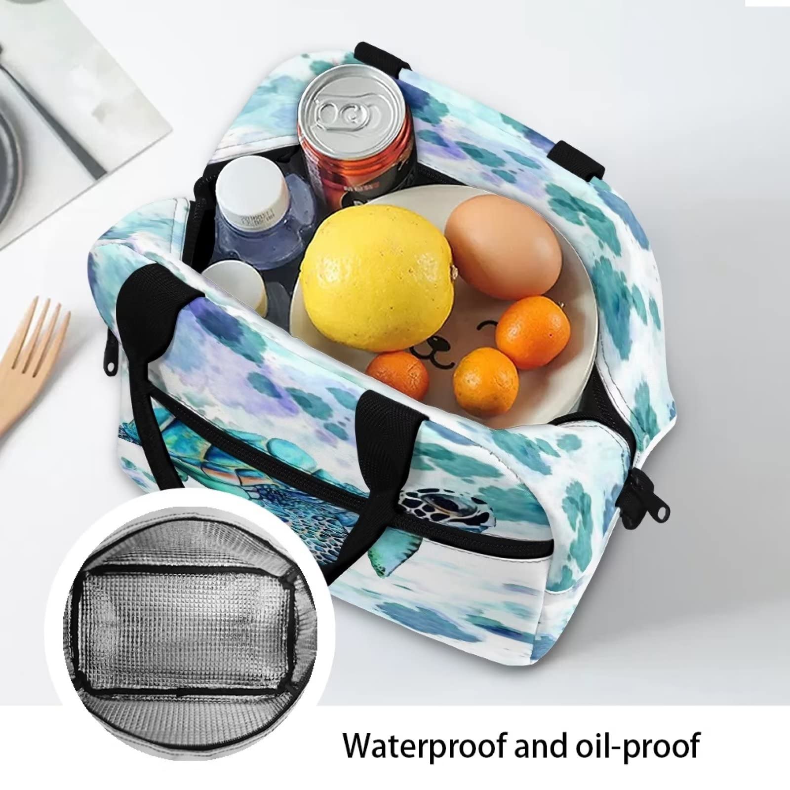 Showudesigns Sea Turtle Lunch Bags for Women Men Soft Cooler Bag Durable Lunch Tote Kit with Thickened Handle Thermal Organizer Hippie Tie Dye Lunch Box White - Image 4