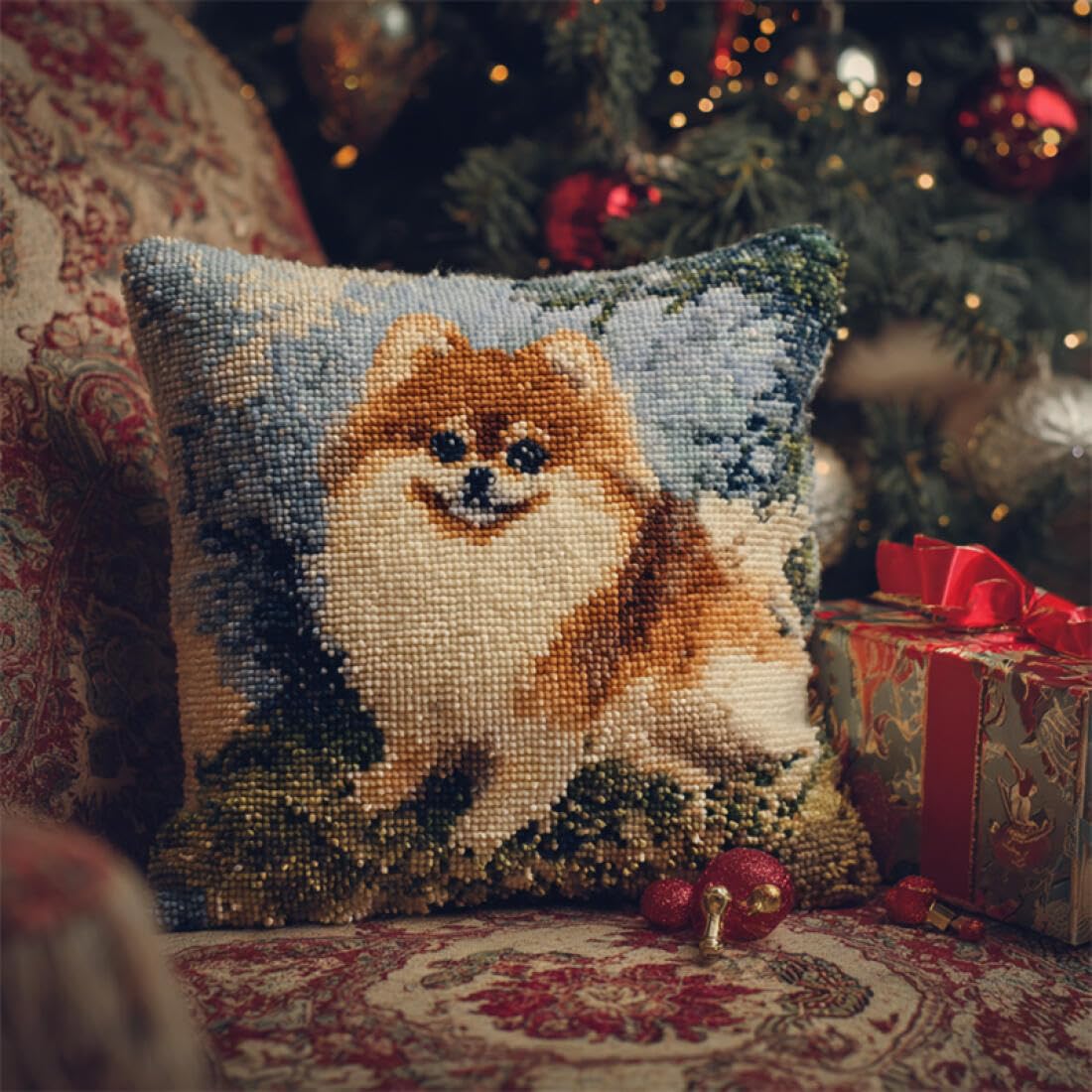 Kitquiver Animal Latch Hook Cushion Set Cartoon Pomeranian DIY Latch Hook Kits Pillow Needlepoint Cushion Kit for Home Décor Needlework Set for Adult Beginners 17x17In