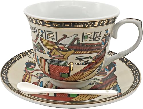 Taza y platillo de café egipcio capuchino barista con cuchara de 8.2 oz8.1 fl oz, juego de tazas de cerámica egipcia dorada para té y café, taza de