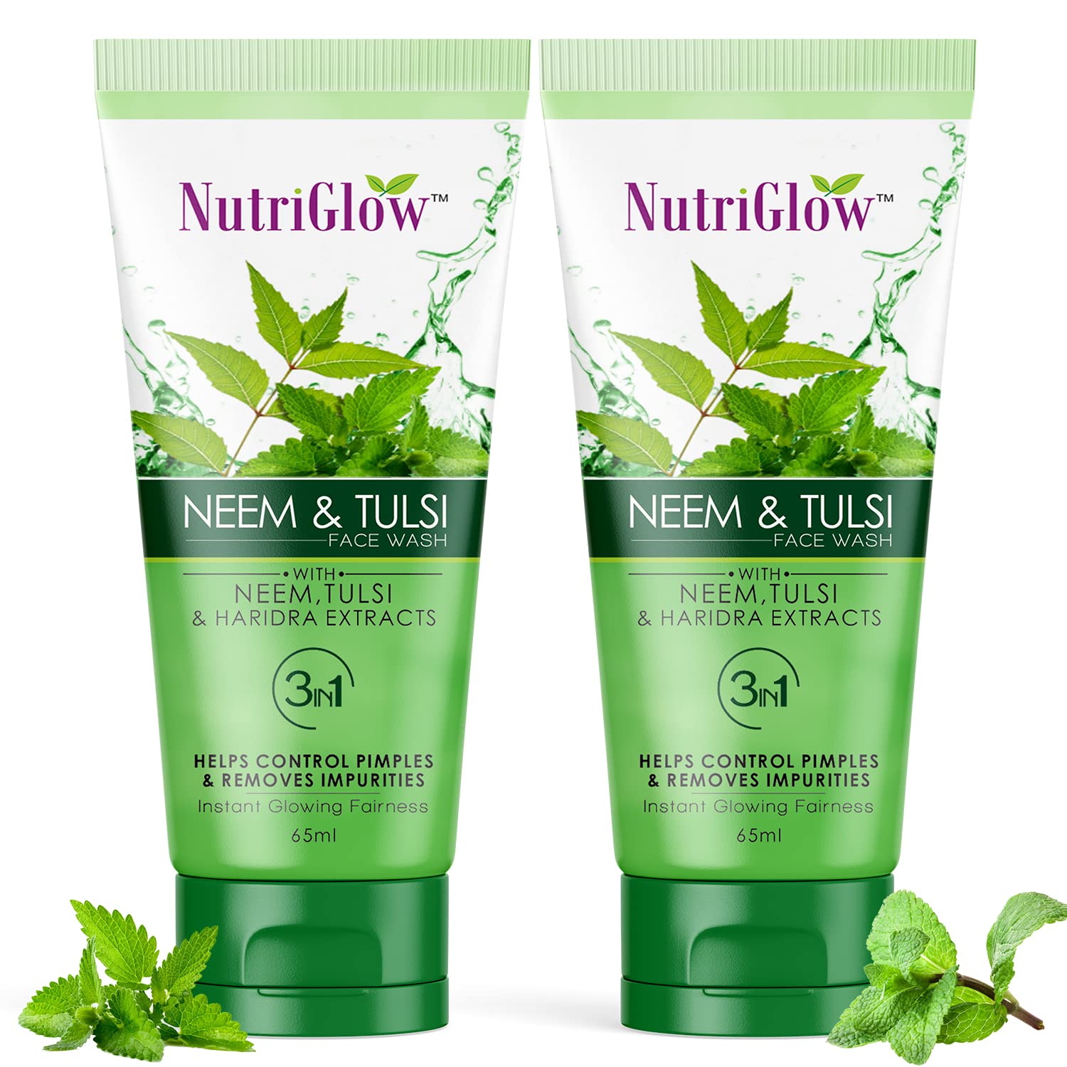 Nutriglow Neem & Tulsi Face Wash With Aloe Vera Extract For Cleanser, Pimple Care Solution, Fresh Feel Purifying, Removes Impurities, 65ml Each, Pack of 2