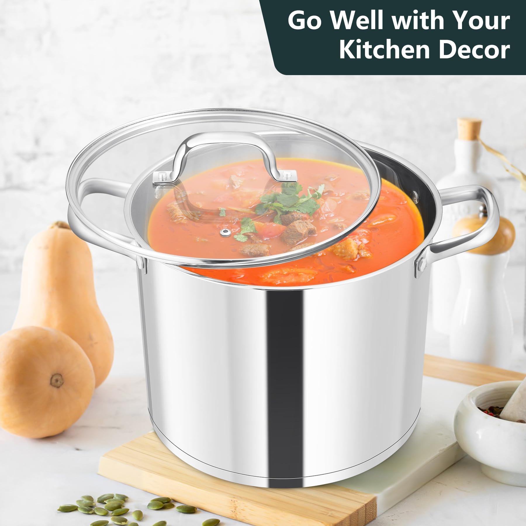 HaWare Pentola grande da 10 l, fondo a tre strati in acciaio inox con coperchio visibile, pentola da 24 cm per pasta/carne/zuppe, adatta per induzione/elettrico/gas/ceramica, sana e facile da pulire