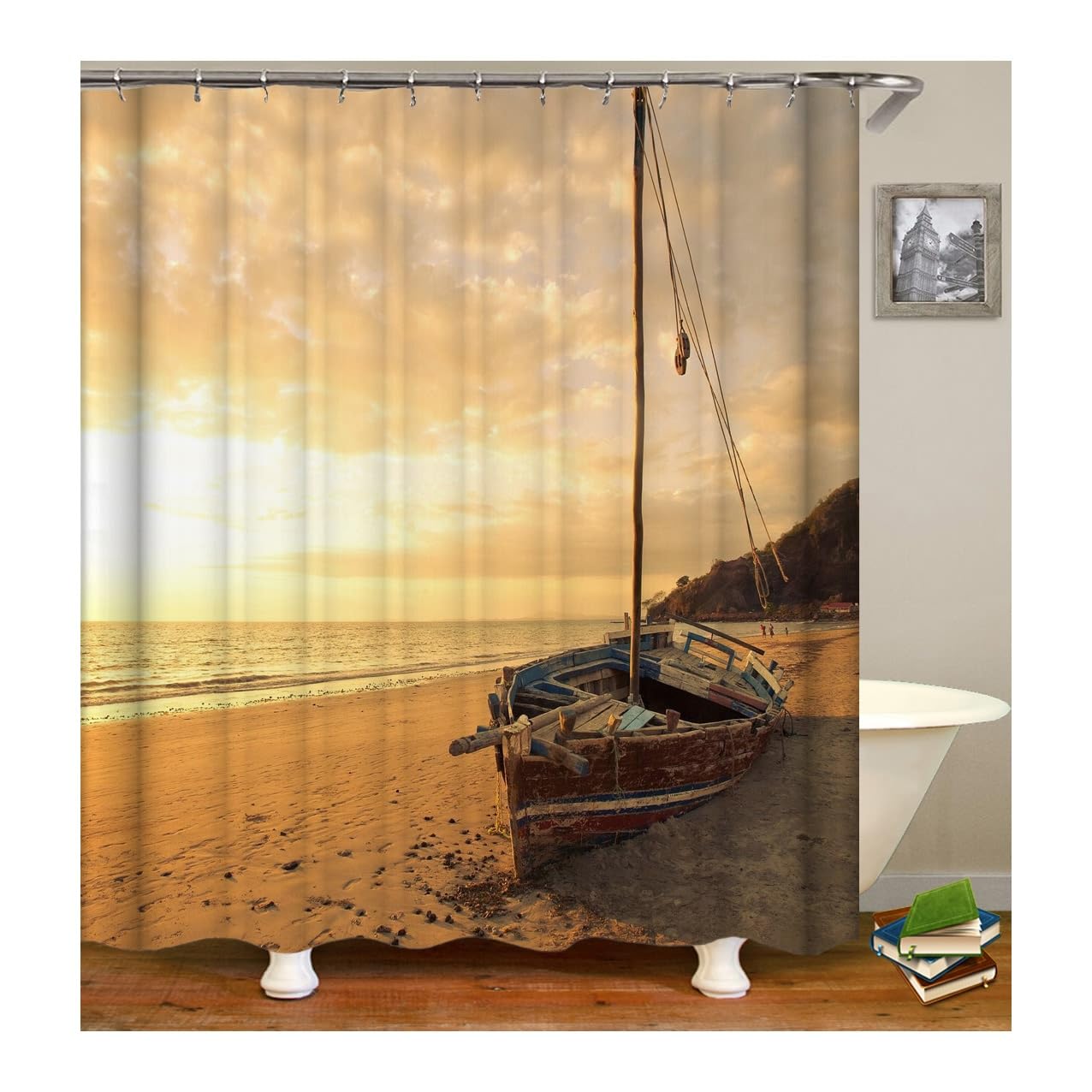 Rideau de douche motif plage et bateau pour une ambiance de vacances