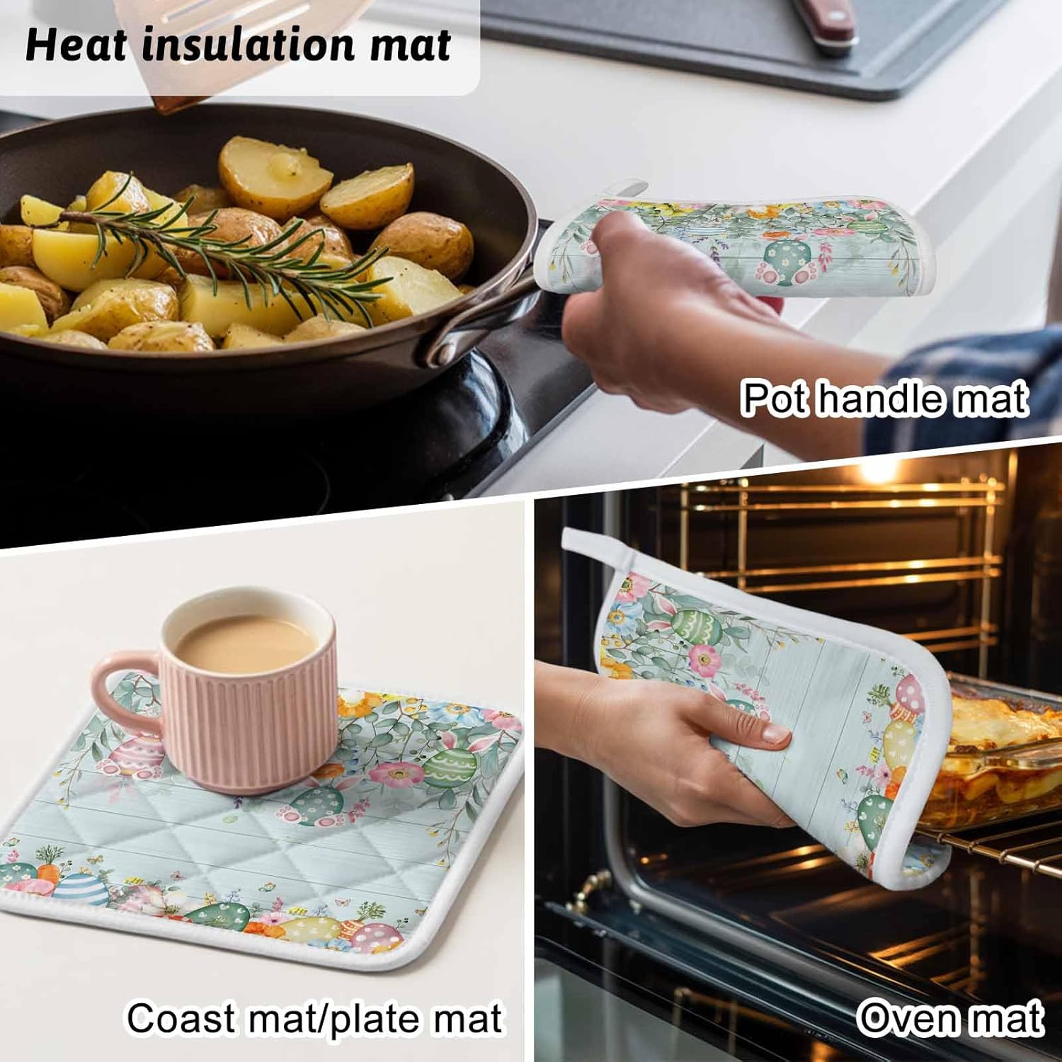 5 Pack Pot Holders for Kitchen, Easter Hot Pads for Kitchen Countertops Oven Pot Holder Bulk, Spring Eggs Eucalyptus Branch Floral Wooden Heat Insulation Potholders with Hanging Loops